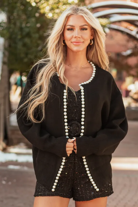Black Long Sleeve Pearl Trim Open Cardigan made by The Vintage Shop