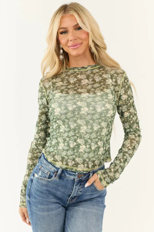 Hunter Green Floral Print Long Sleeve Mesh Top sold by Lime Lush