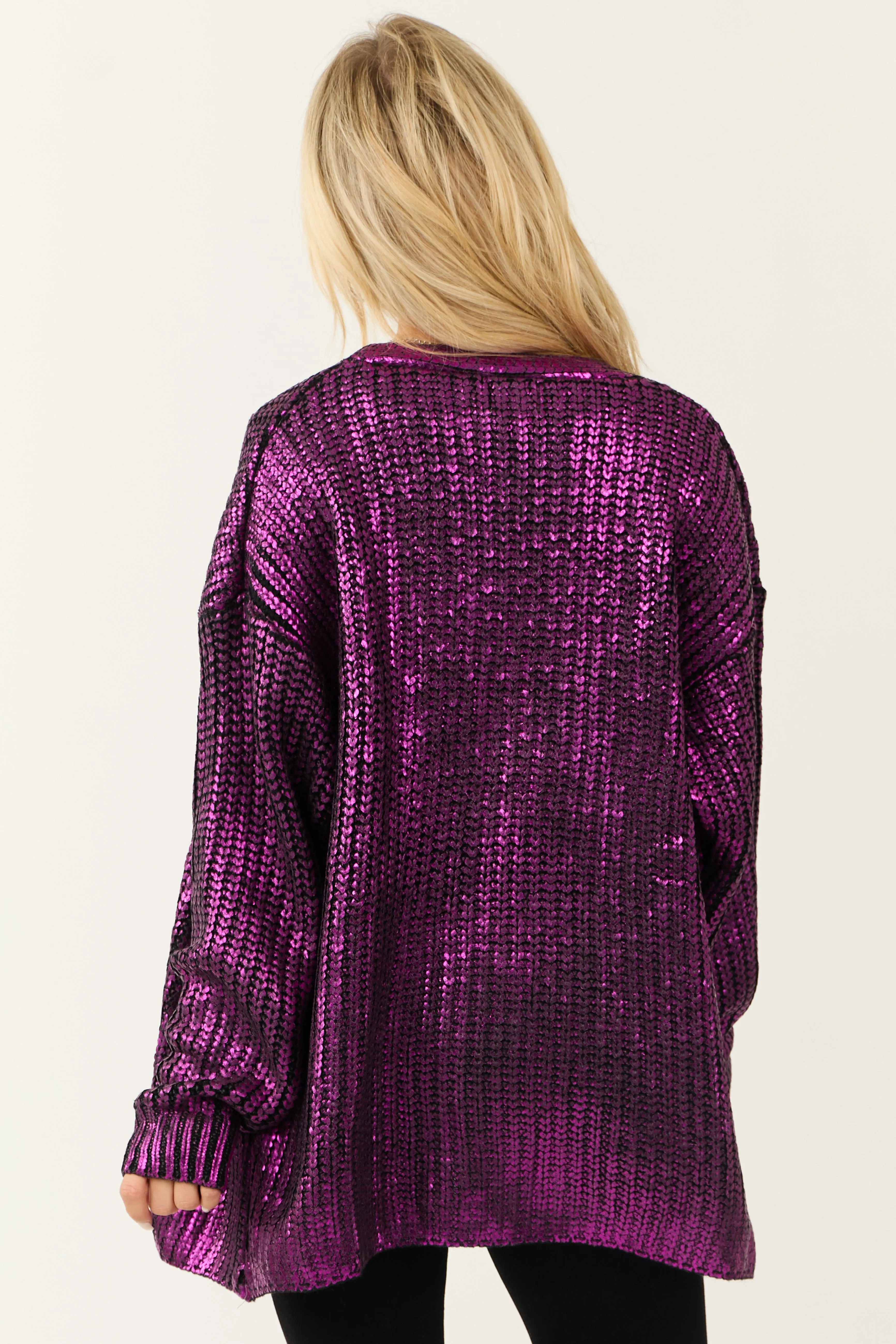 Deep Magenta Open Front Metallic Knit Cardigan sold by Lime Lush product image thumbnail 5