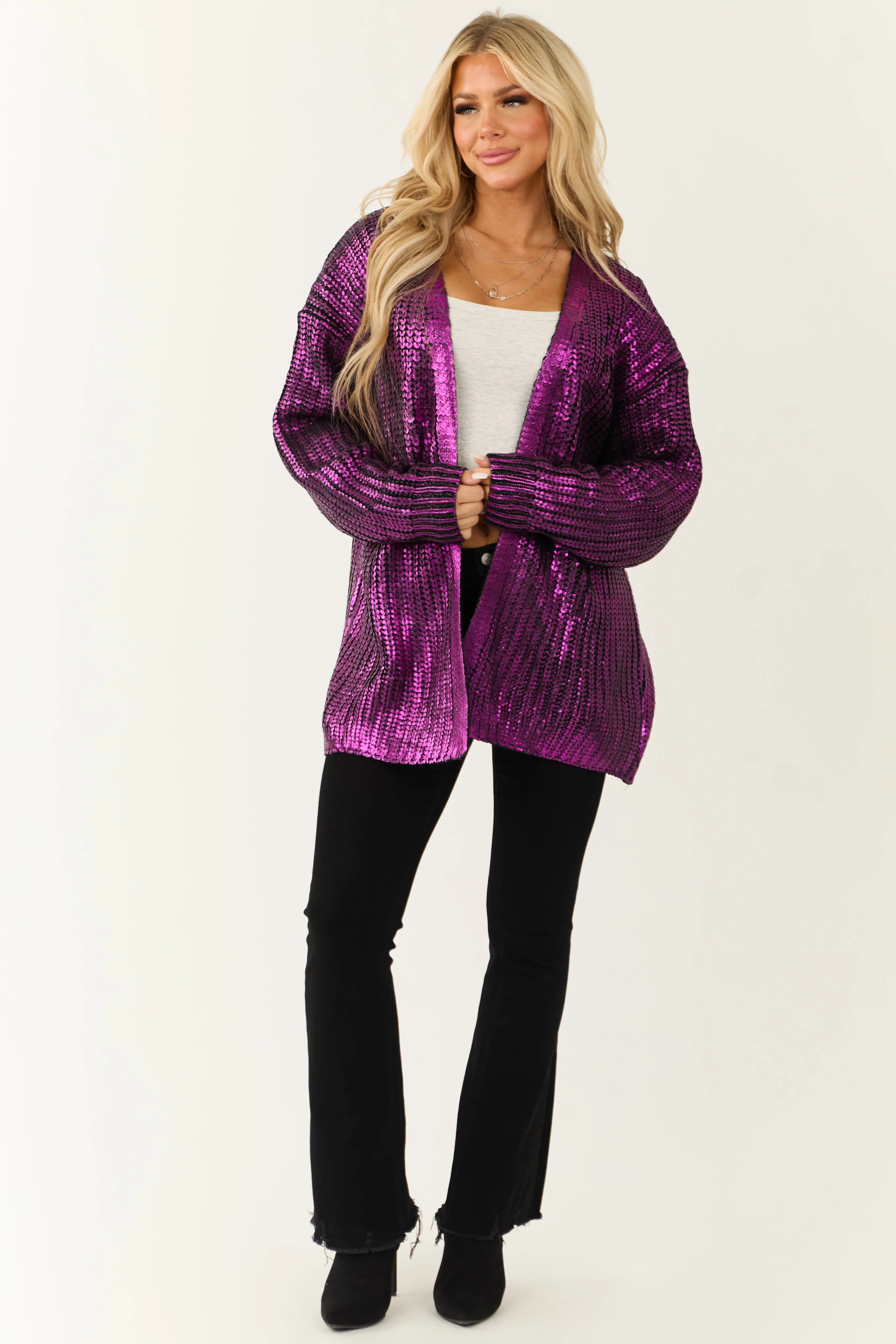 Deep Magenta Open Front Metallic Knit Cardigan sold by Lime Lush product image thumbnail 2