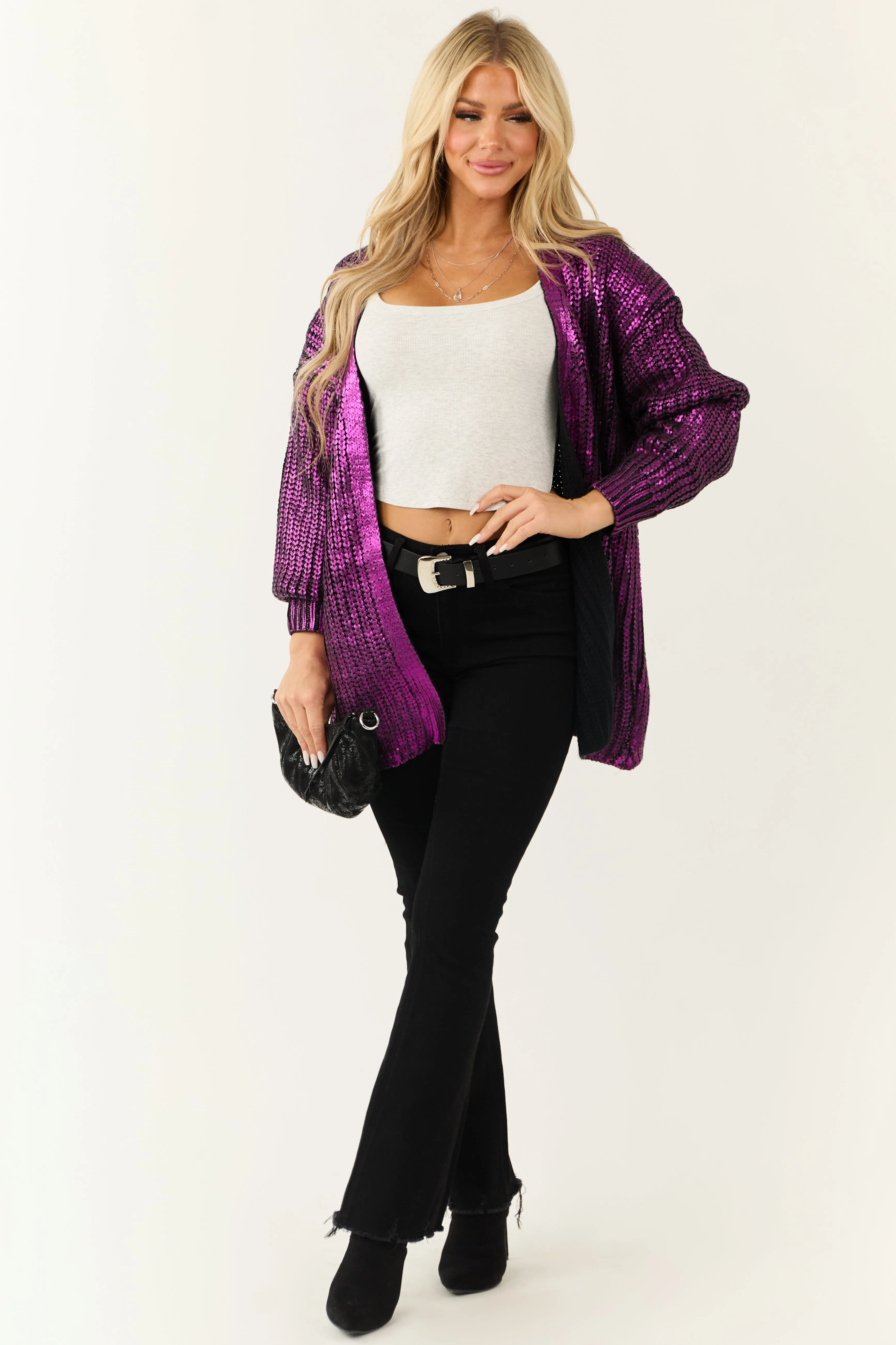 Deep Magenta Open Front Metallic Knit Cardigan sold by Lime Lush product image thumbnail 3