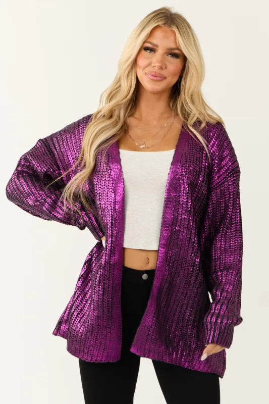 Deep Magenta Open Front Metallic Knit Cardigan sold by Lime Lush