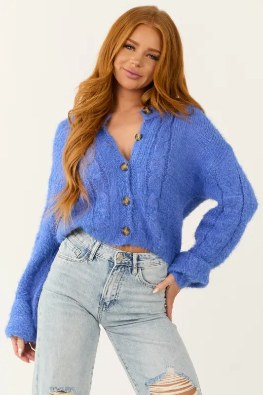 Bright Sapphire Fuzzy Knit Button Up Cardigan sold by Lime Lush
