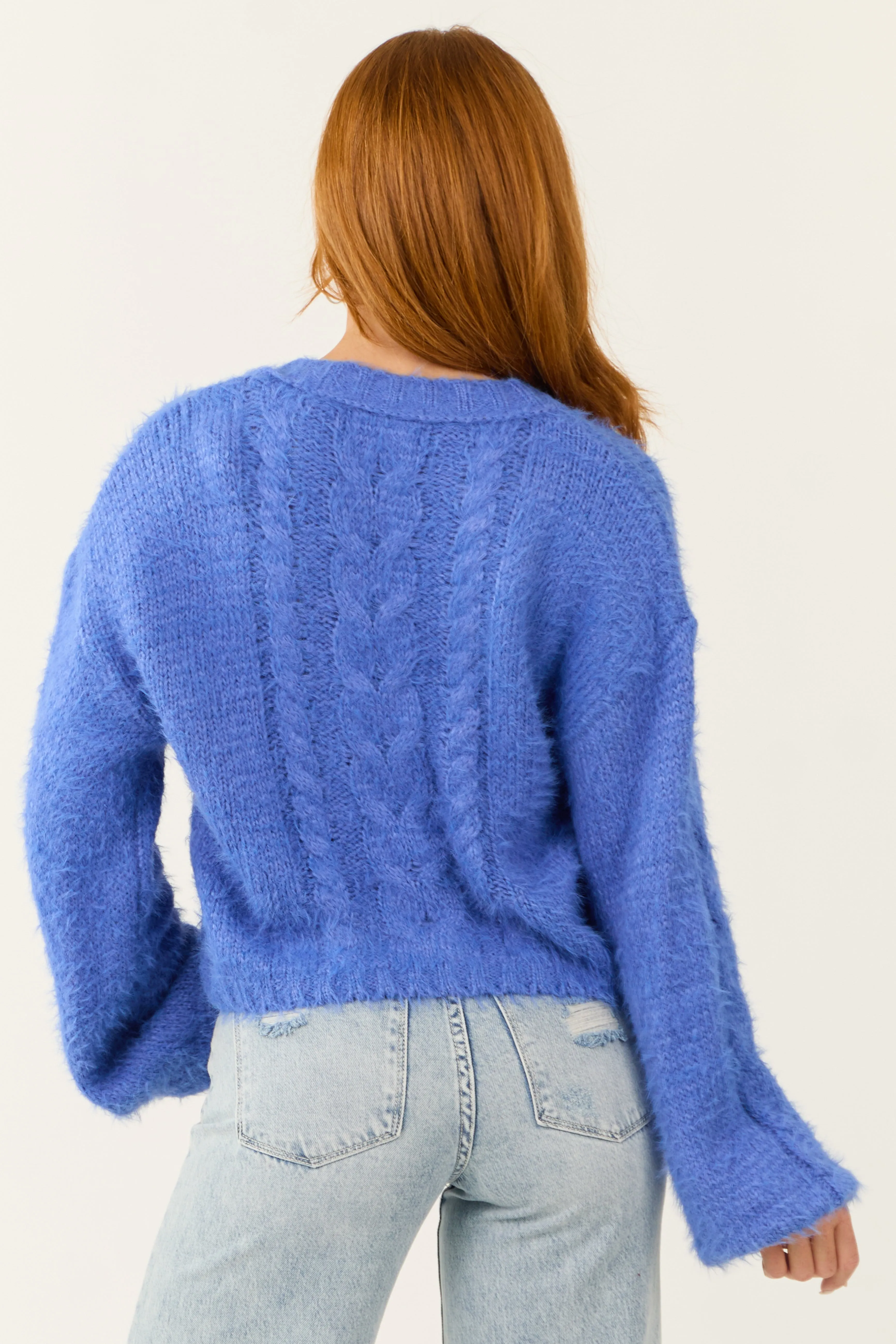 Bright Sapphire Fuzzy Knit Button Up Cardigan sold by Lime Lush product image thumbnail 5