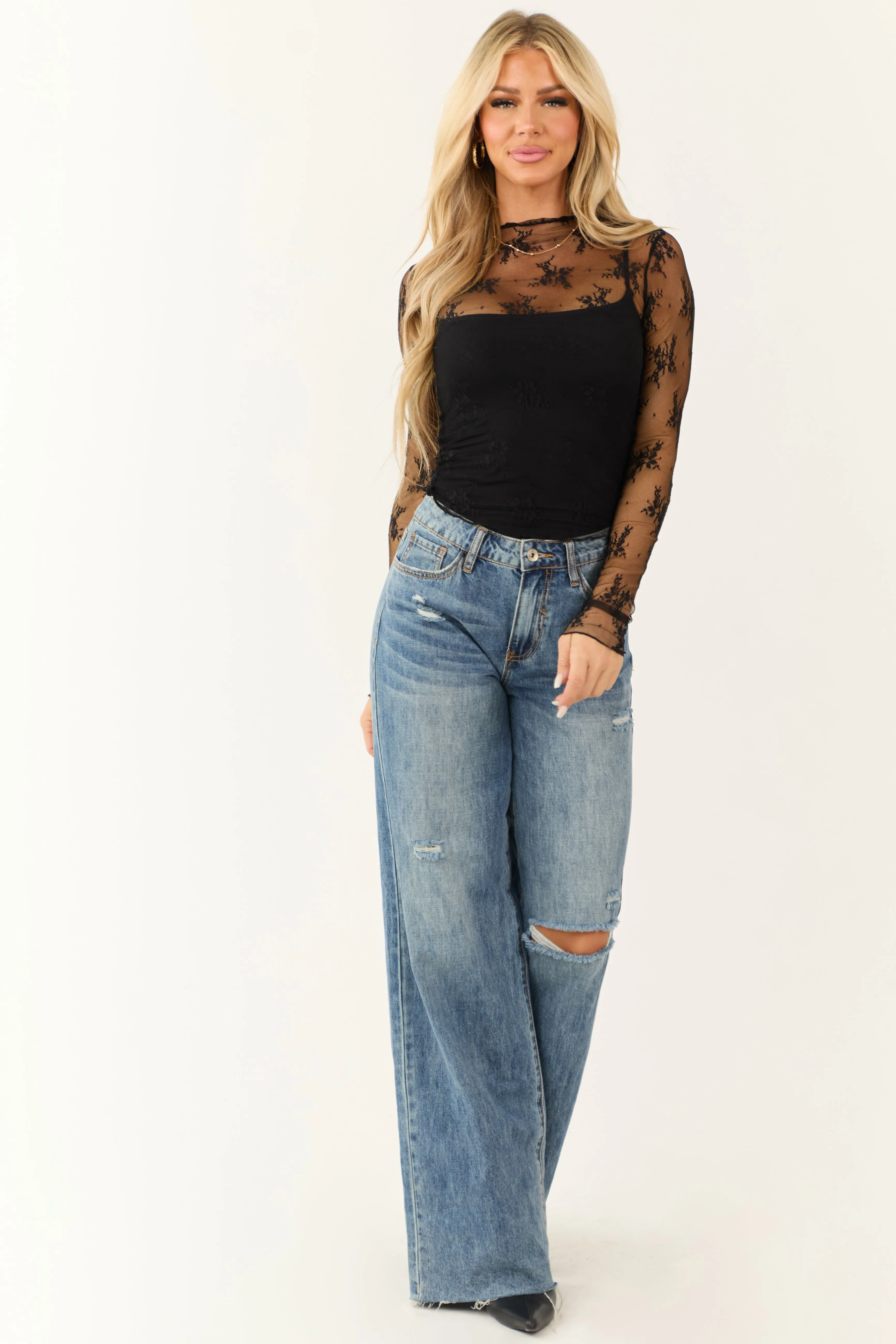 Black Floral Lace Sheer Long Sleeve Mock Neck Top sold by Lime Lush product image thumbnail 2