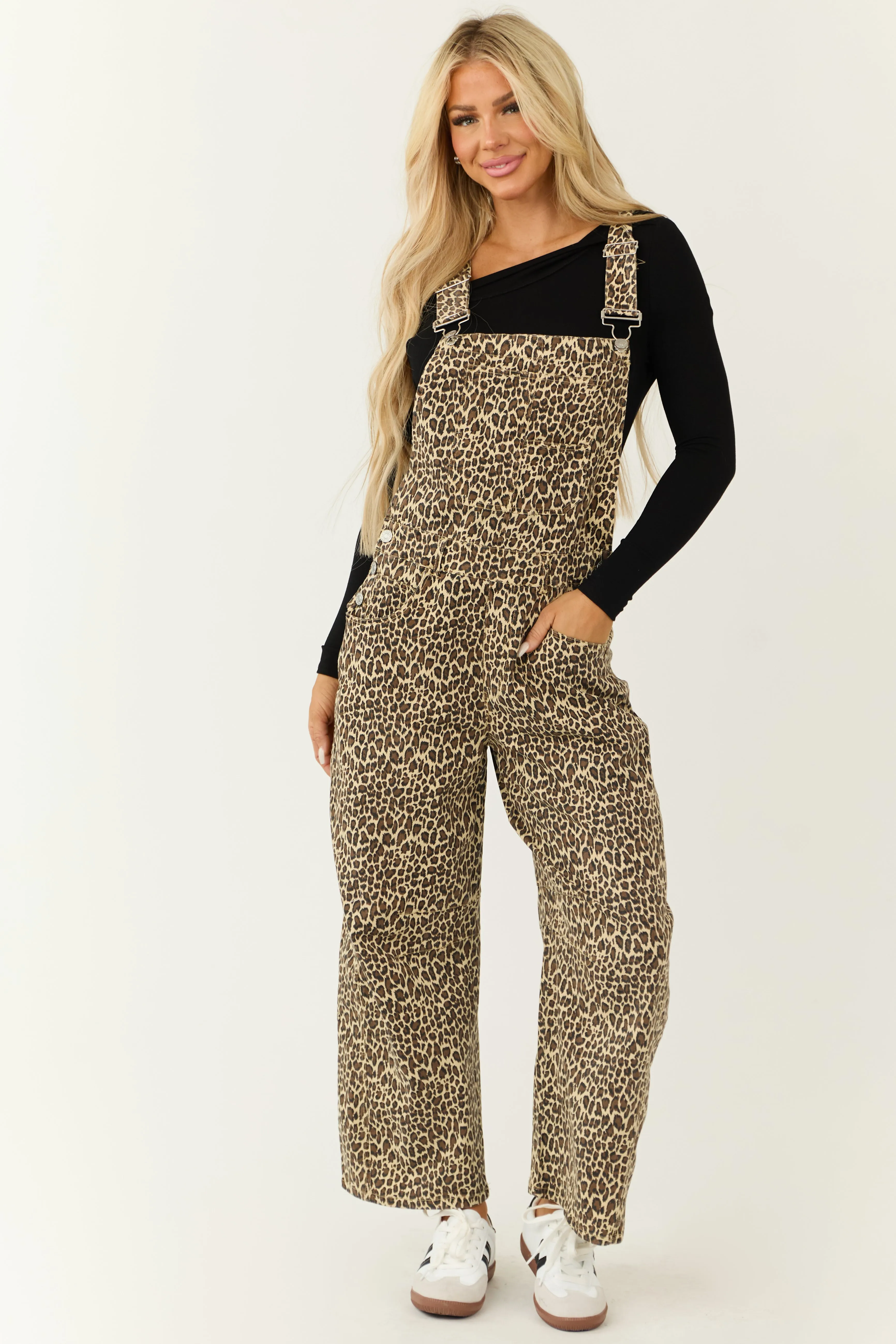 Almond Leopard Print Denim Overall Jumpsuit sold by Lime Lush product image thumbnail 2