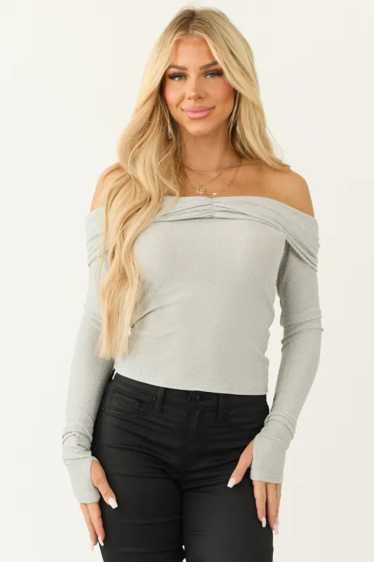 Heather Grey Studded Metallic Off Shoulder Top sold by Lime Lush
