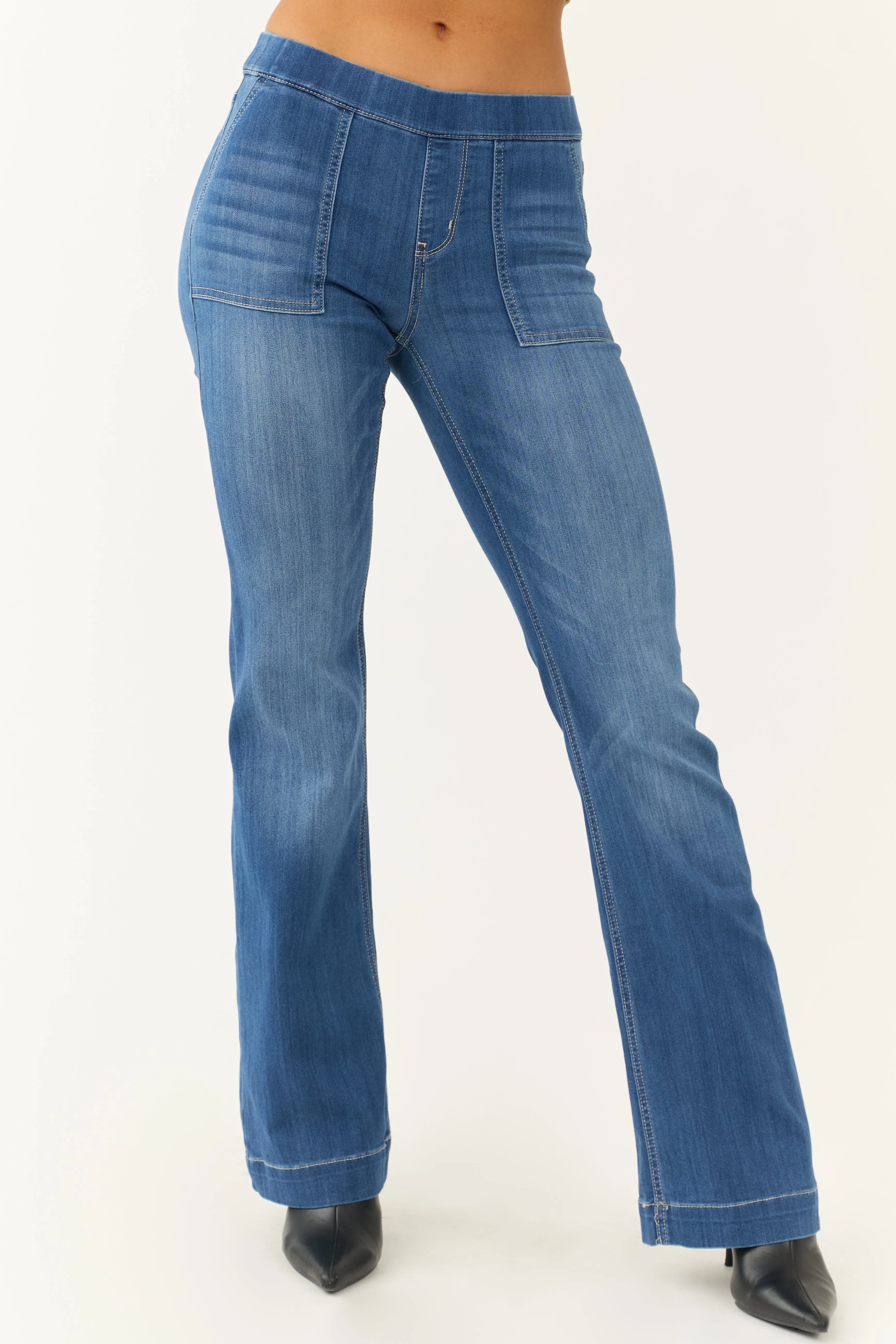 Cello Medium Wash Denim Mid Rise Flare Jeggings sold by Lime Lush
