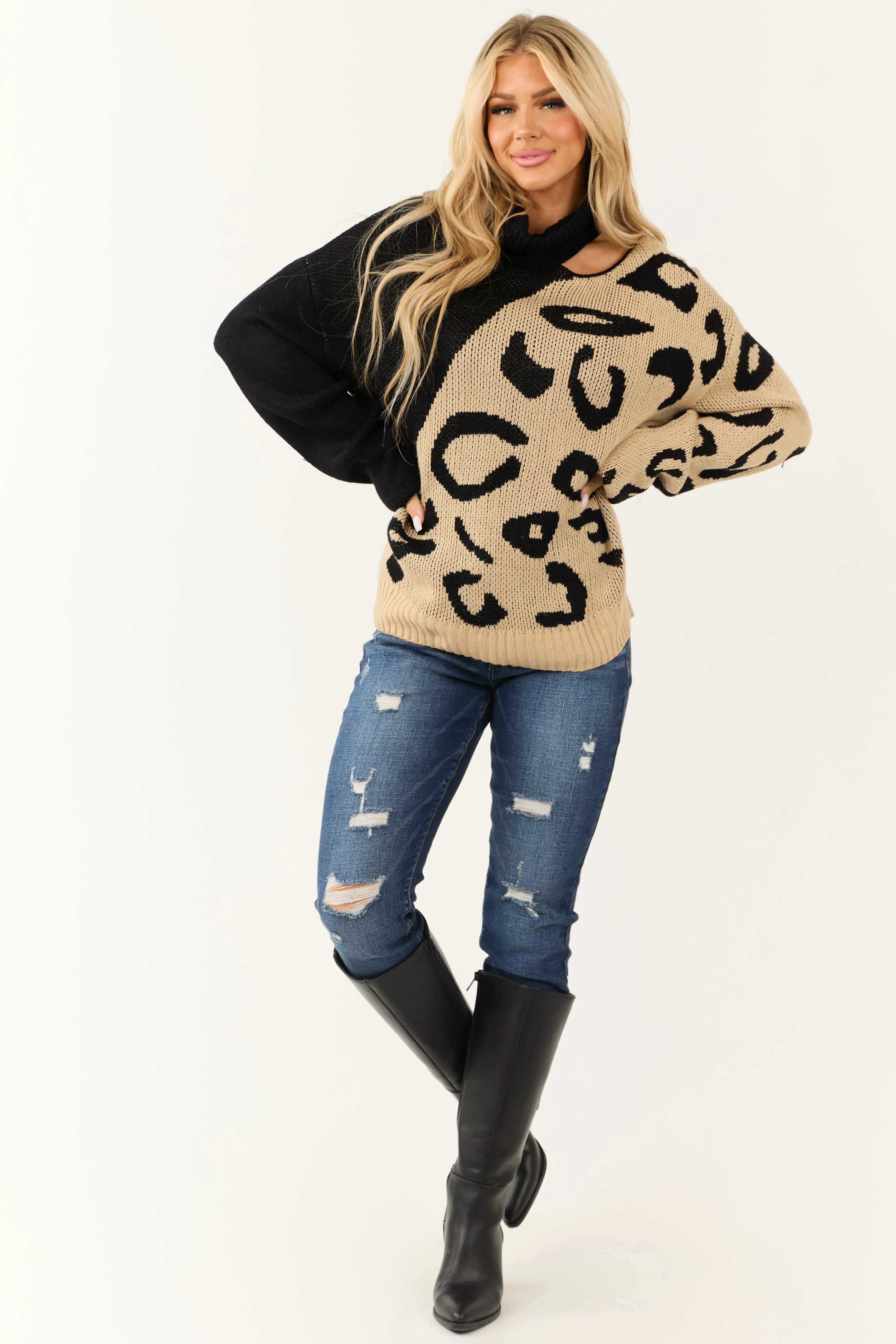 Black Leopard Print Cut Out Shoulder Sweater sold by Lime Lush product image thumbnail 4
