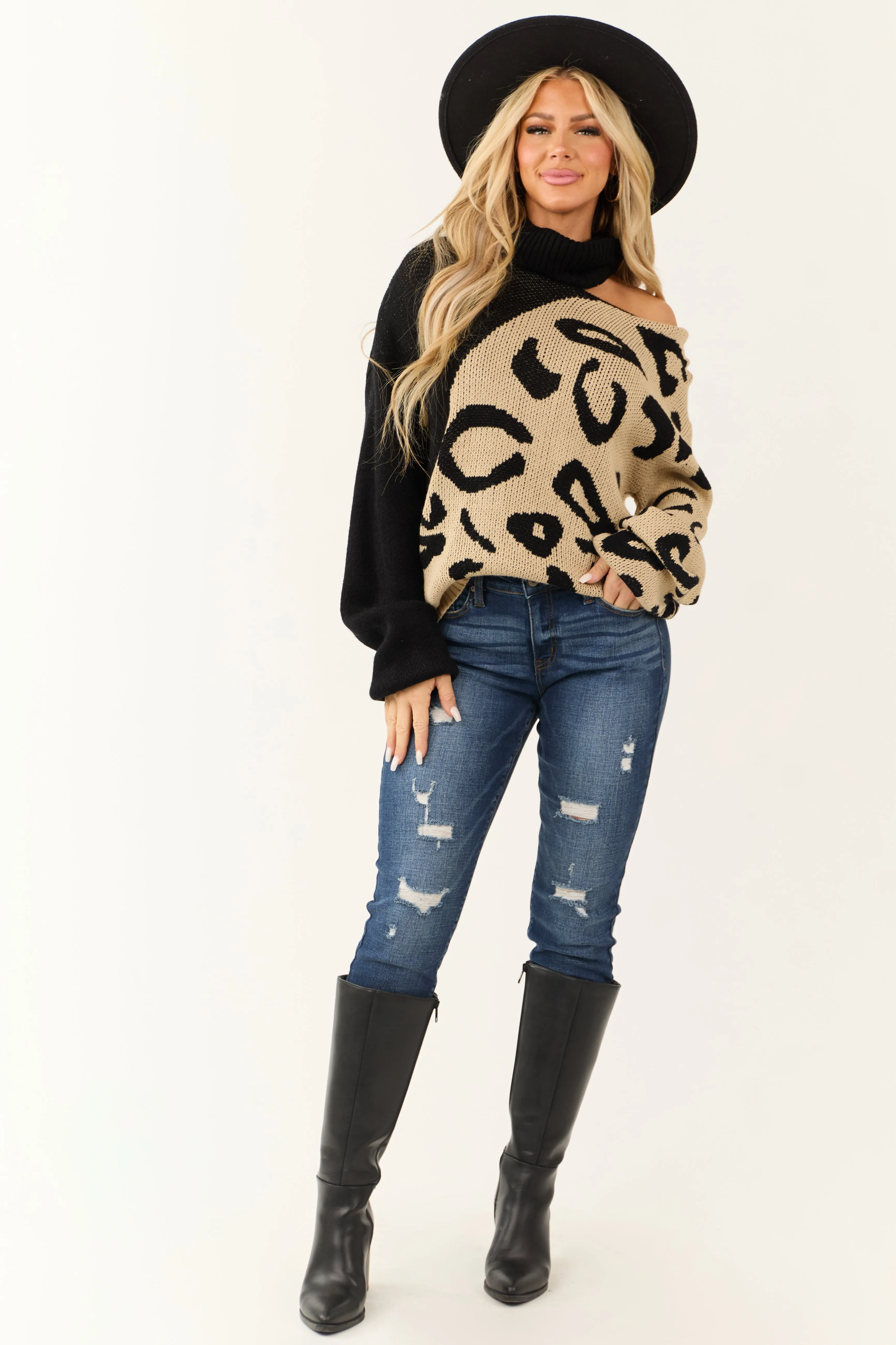Black Leopard Print Cut Out Shoulder Sweater sold by Lime Lush product image thumbnail 3