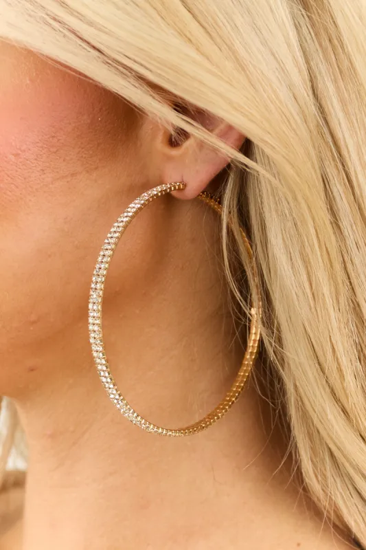 Gold Two Line Rhinestone Oversized Hoop Earrings sold by Lime Lush