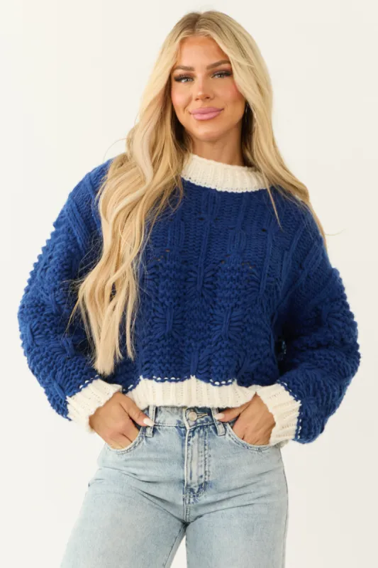 Cobalt and Cream Long Sleeve Knit Sweater sold by Lime Lush