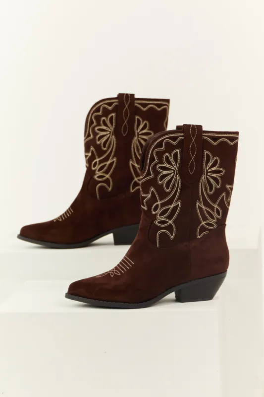 Chocolate Faux Suede Mid Calf Embroidered Boots sold by Lime Lush