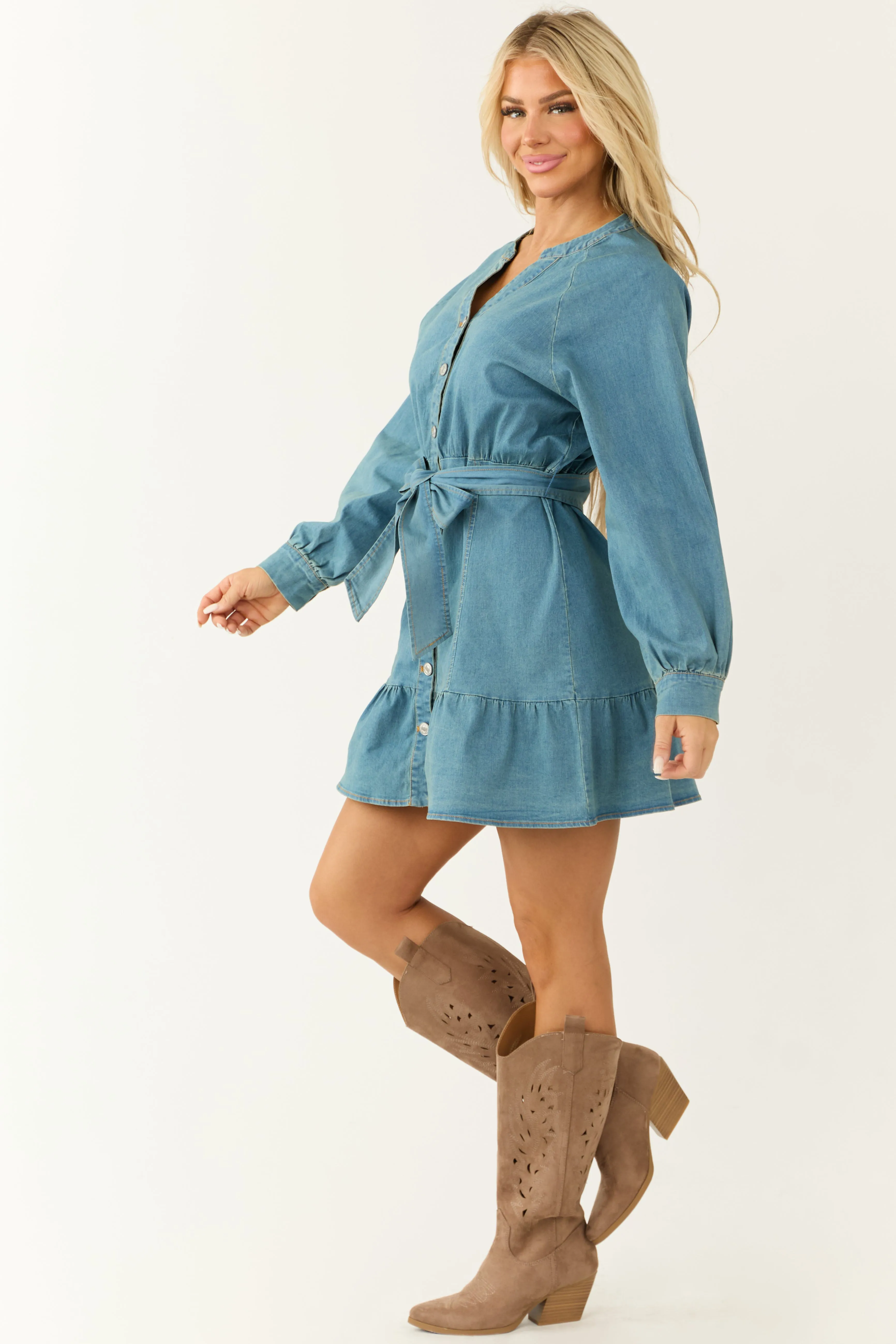 Medium Denim Button Down Waist Tie Mini Dress sold by Lime Lush product image thumbnail 5