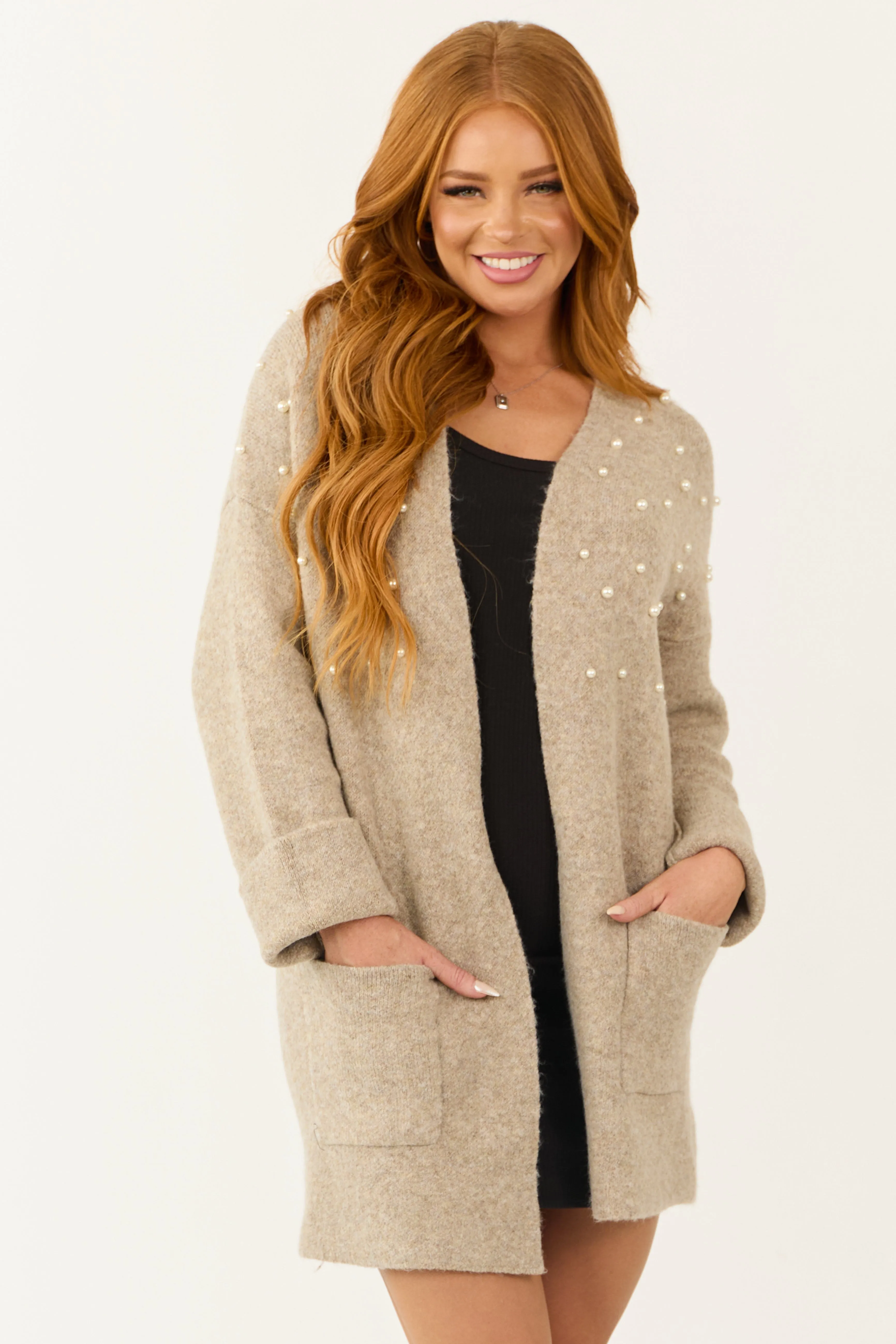 Oatmeal Pearl Embellished Open Front Cardigan sold by Lime Lush