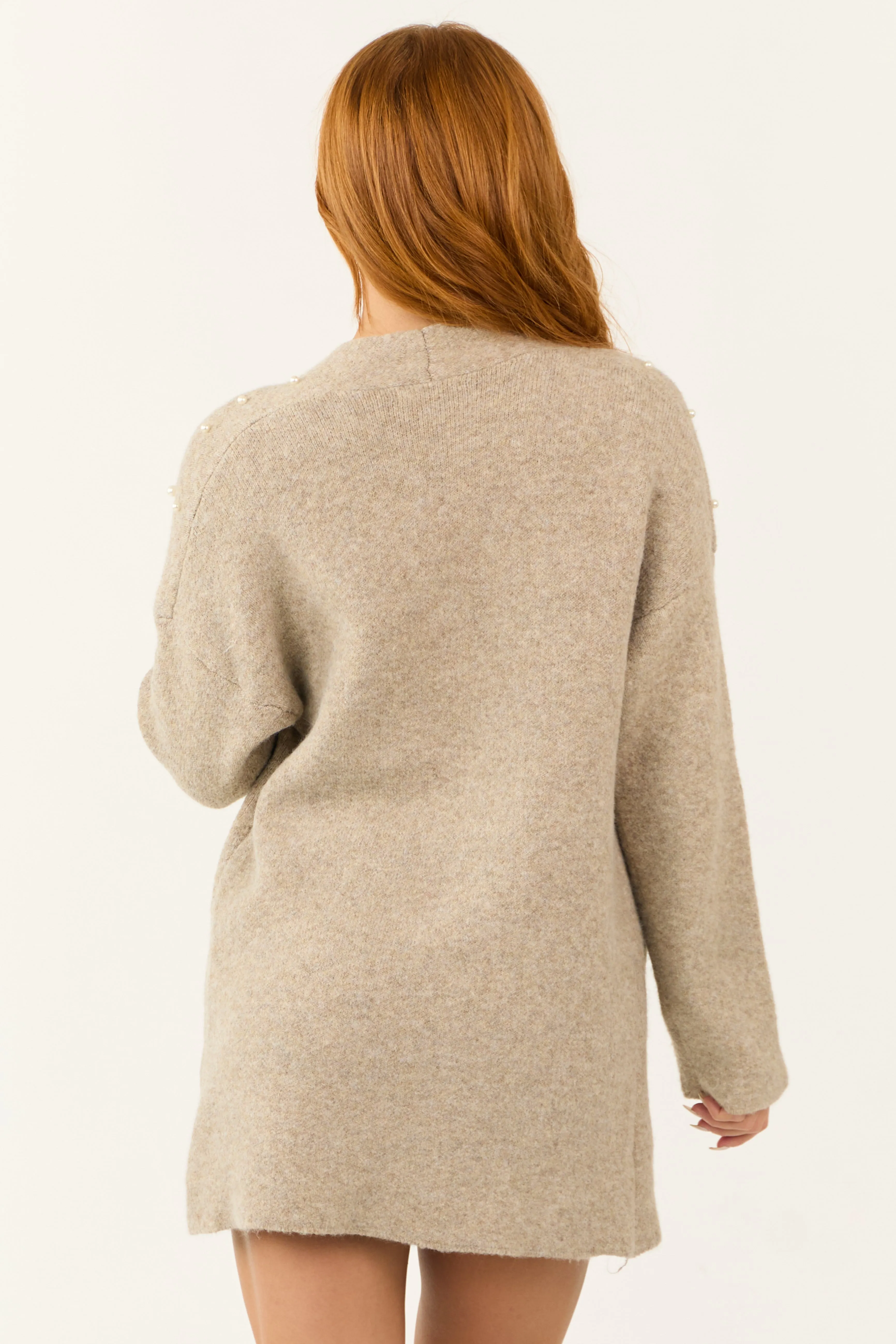 Oatmeal Pearl Embellished Open Front Cardigan sold by Lime Lush product image thumbnail 5