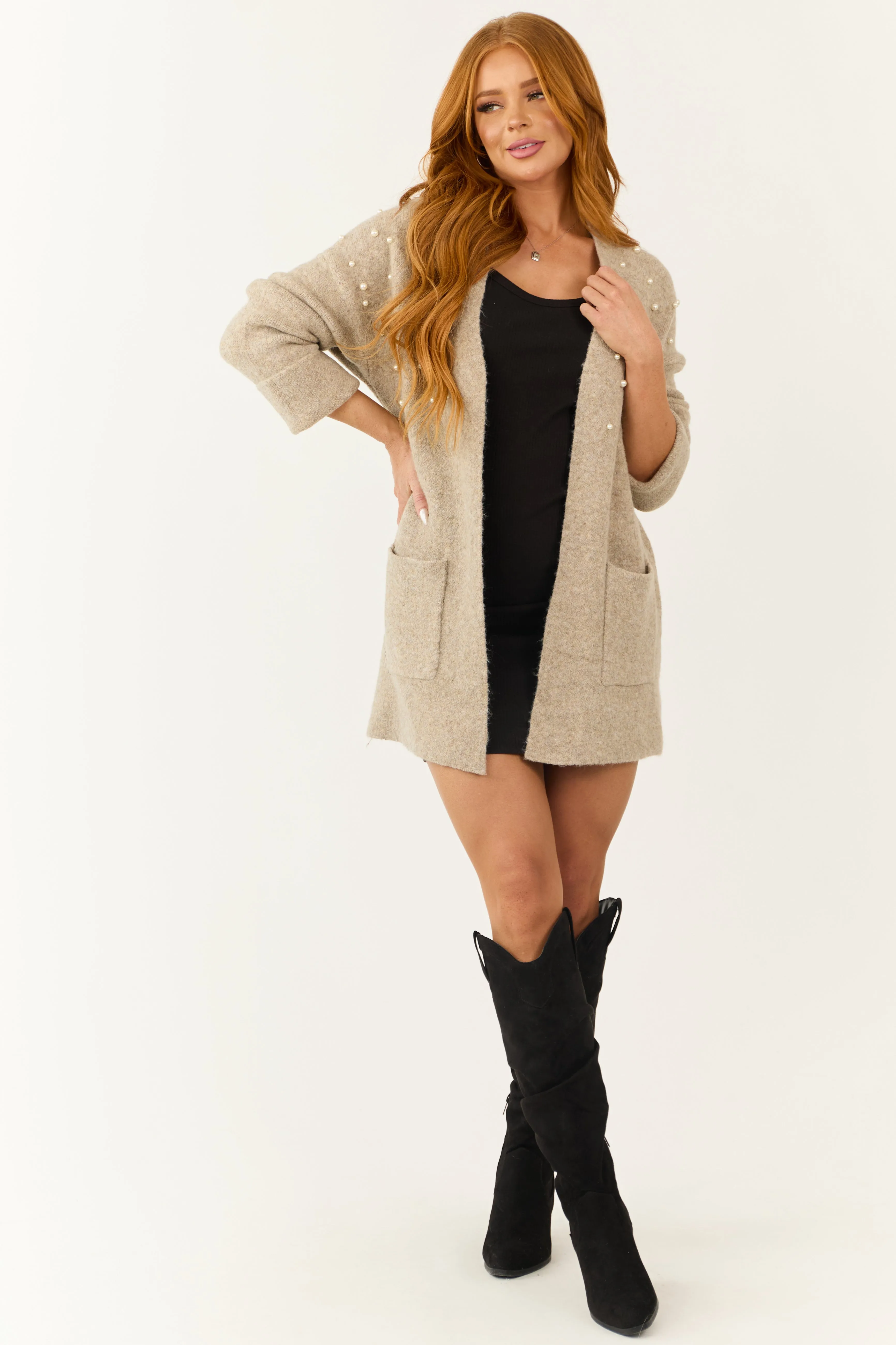 Oatmeal Pearl Embellished Open Front Cardigan sold by Lime Lush product image thumbnail 2