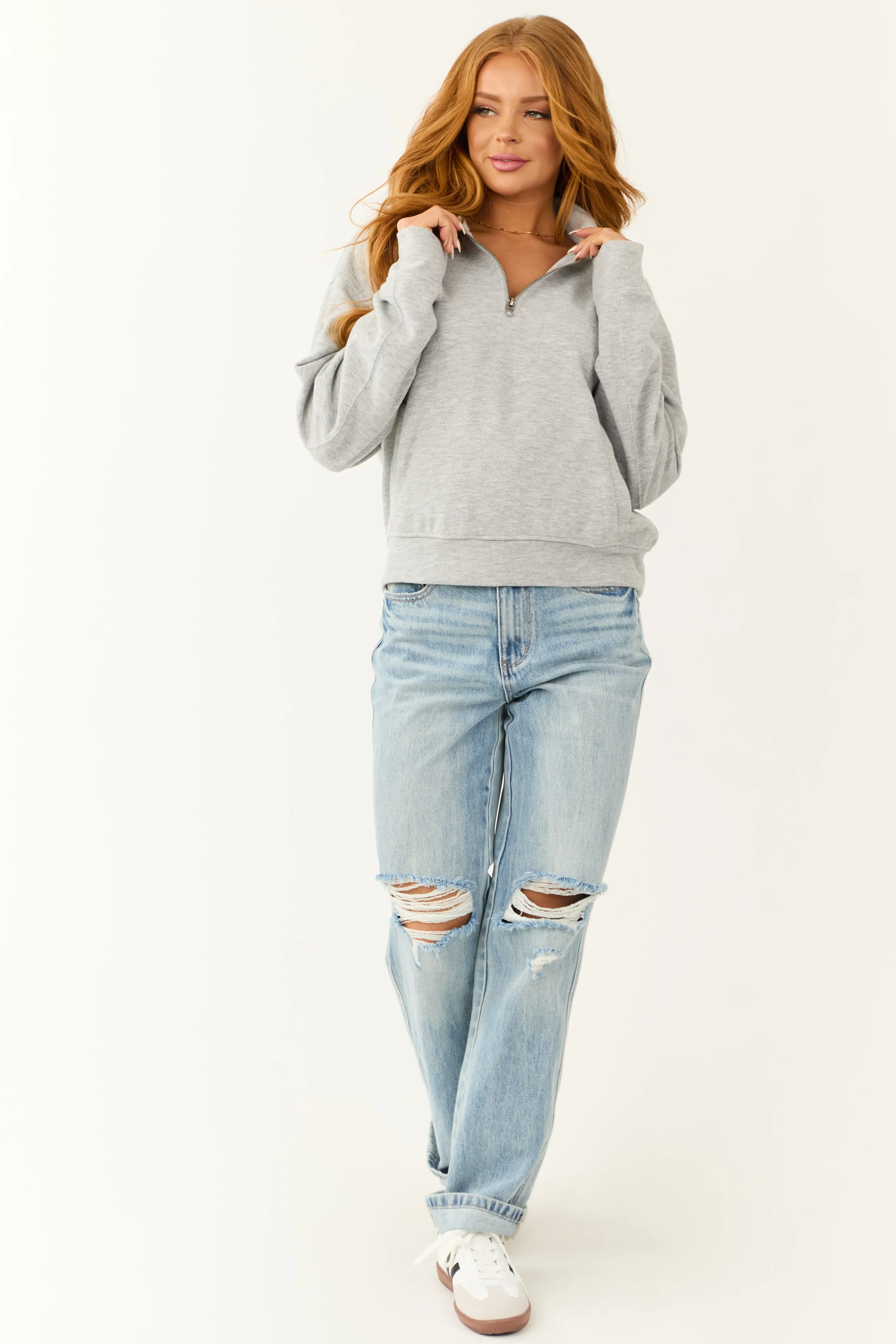 Dove Grey Half Zip Up Knit Long Sleeve Sweatshirt sold by Lime Lush product image thumbnail 3