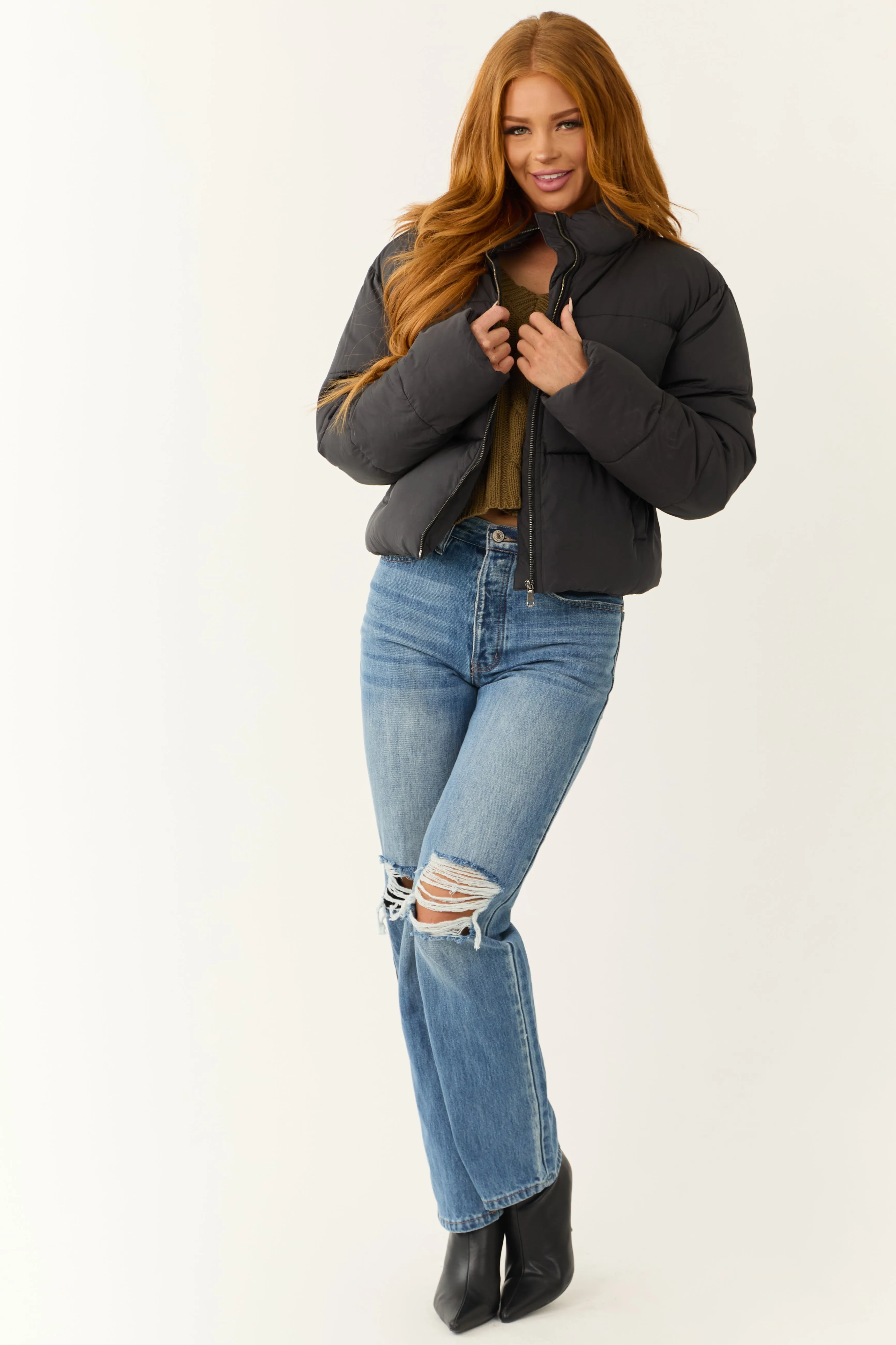 Black Zip Up Collared Quilted Puffer Jacket sold by Lime Lush product image thumbnail 2