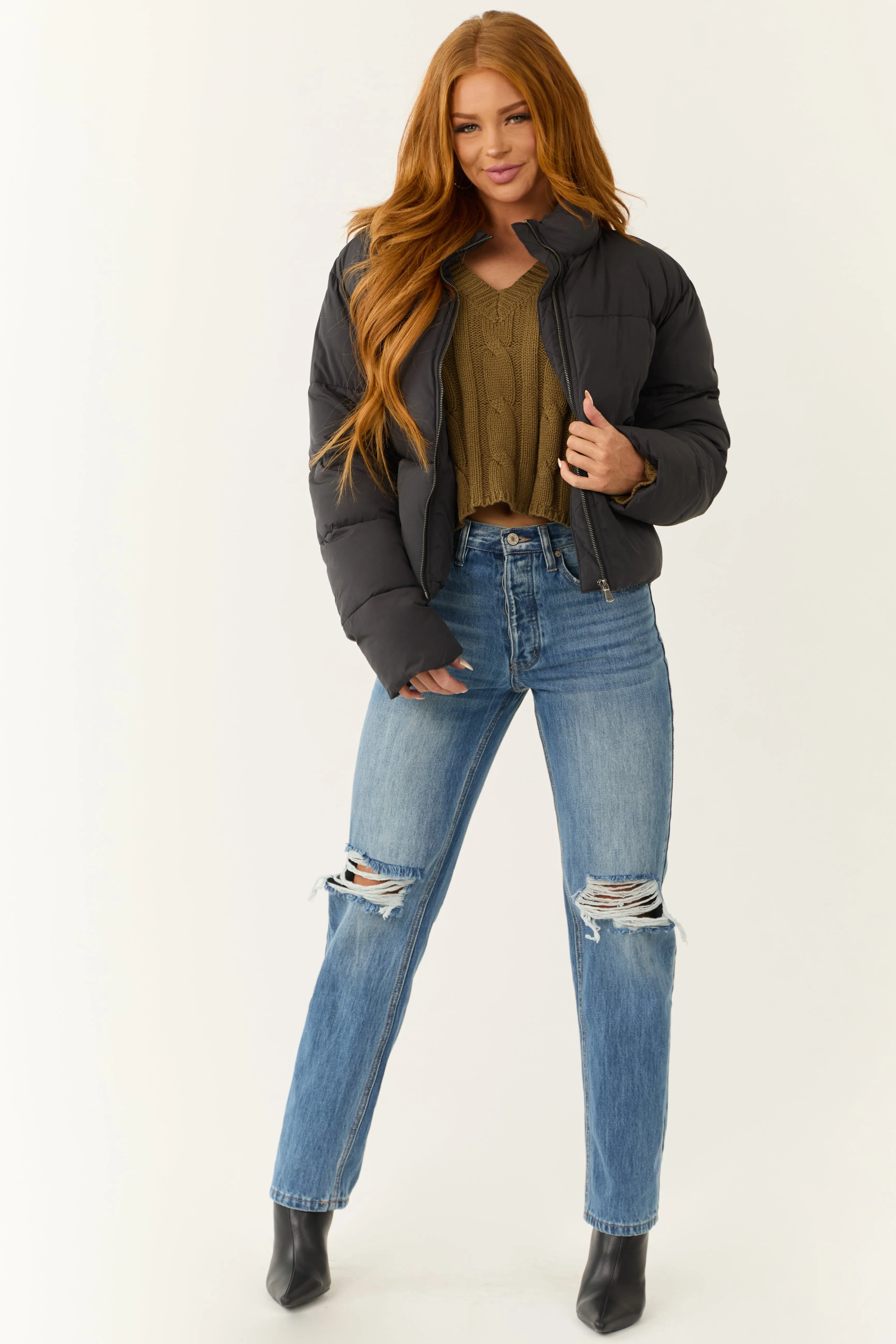 Black Zip Up Collared Quilted Puffer Jacket sold by Lime Lush product image thumbnail 3