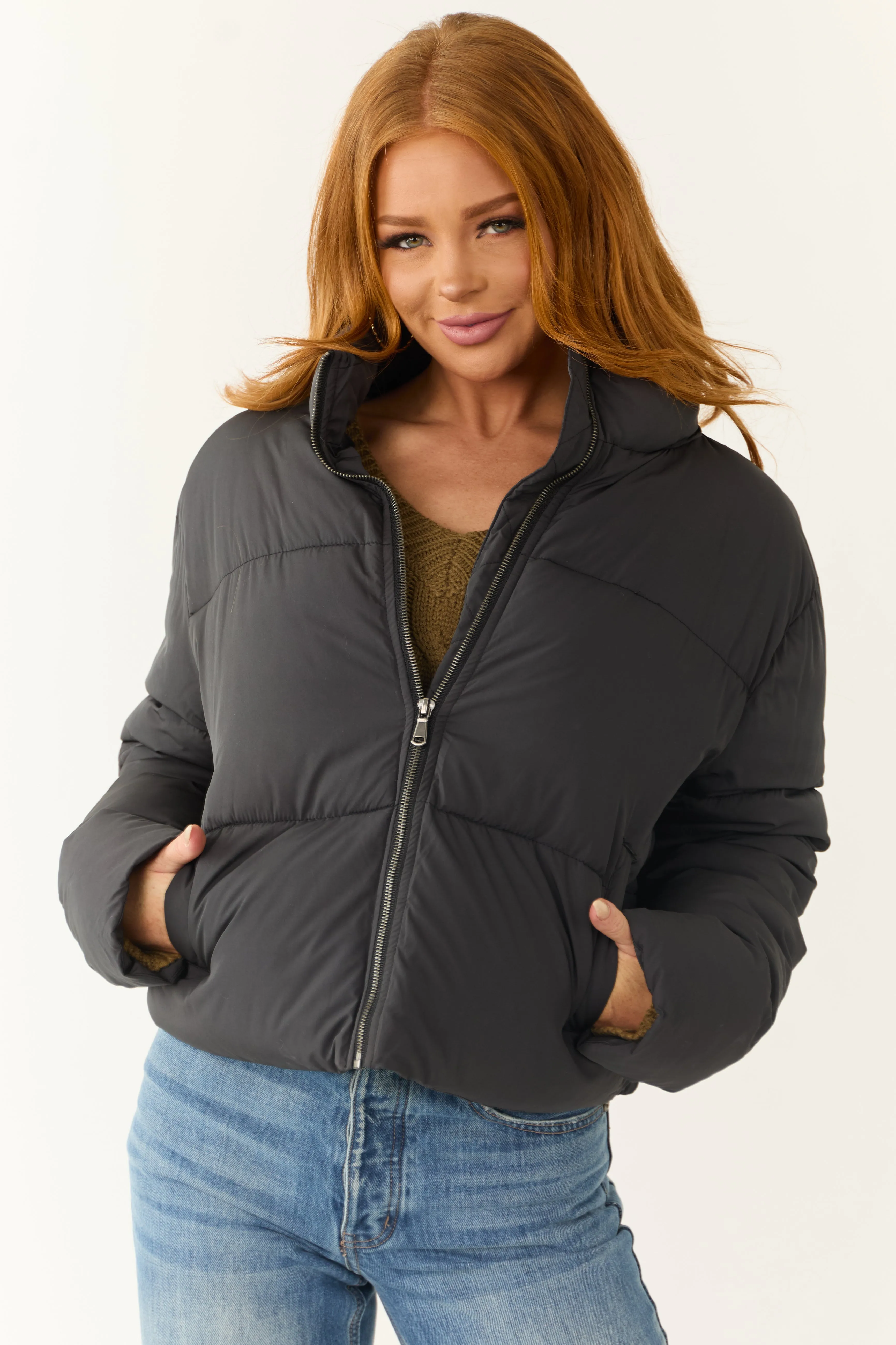 Black Zip Up Collared Quilted Puffer Jacket sold by Lime Lush