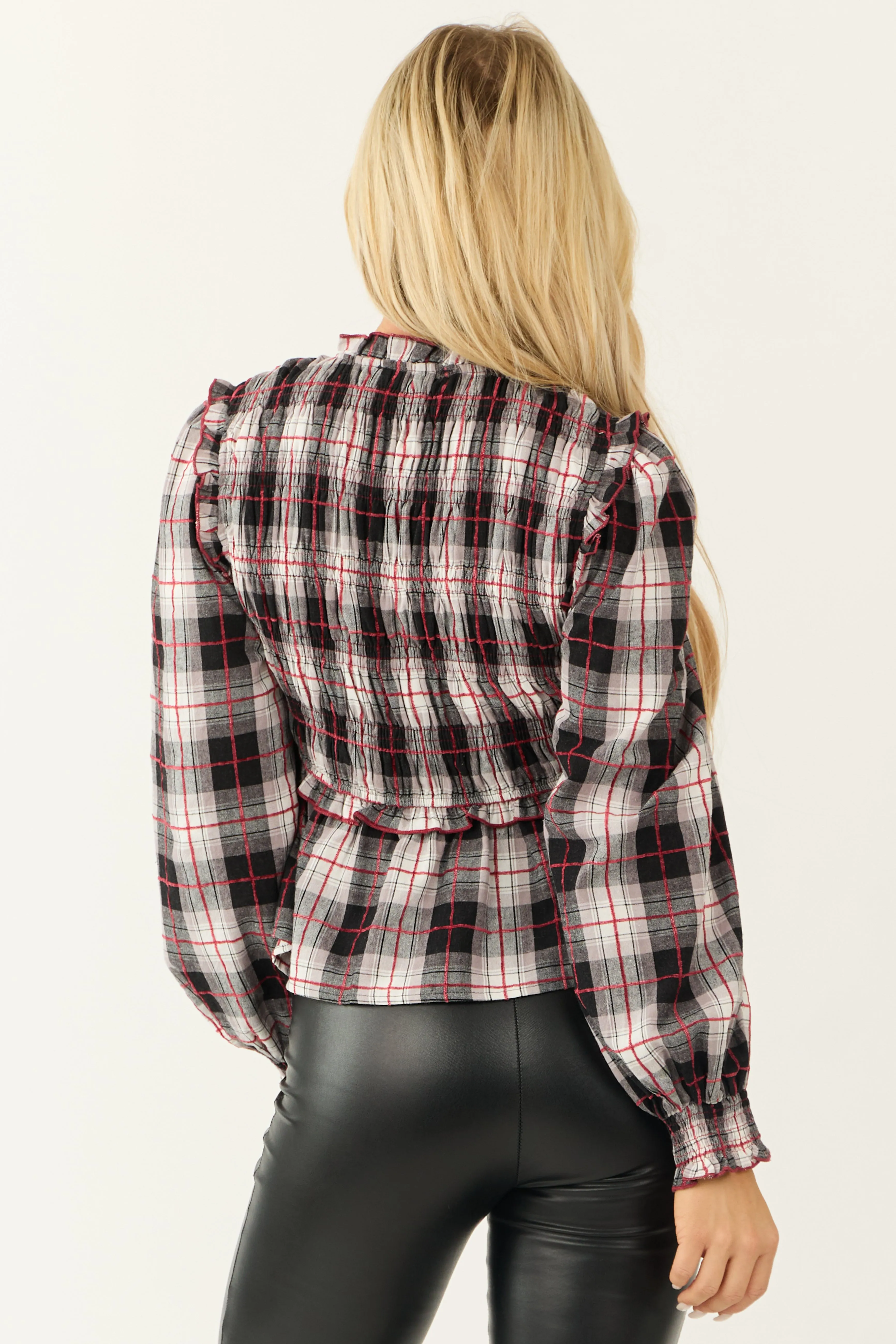 Black Plaid Front Bow Tie Long Sleeve Blouse sold by Lime Lush product image thumbnail 5