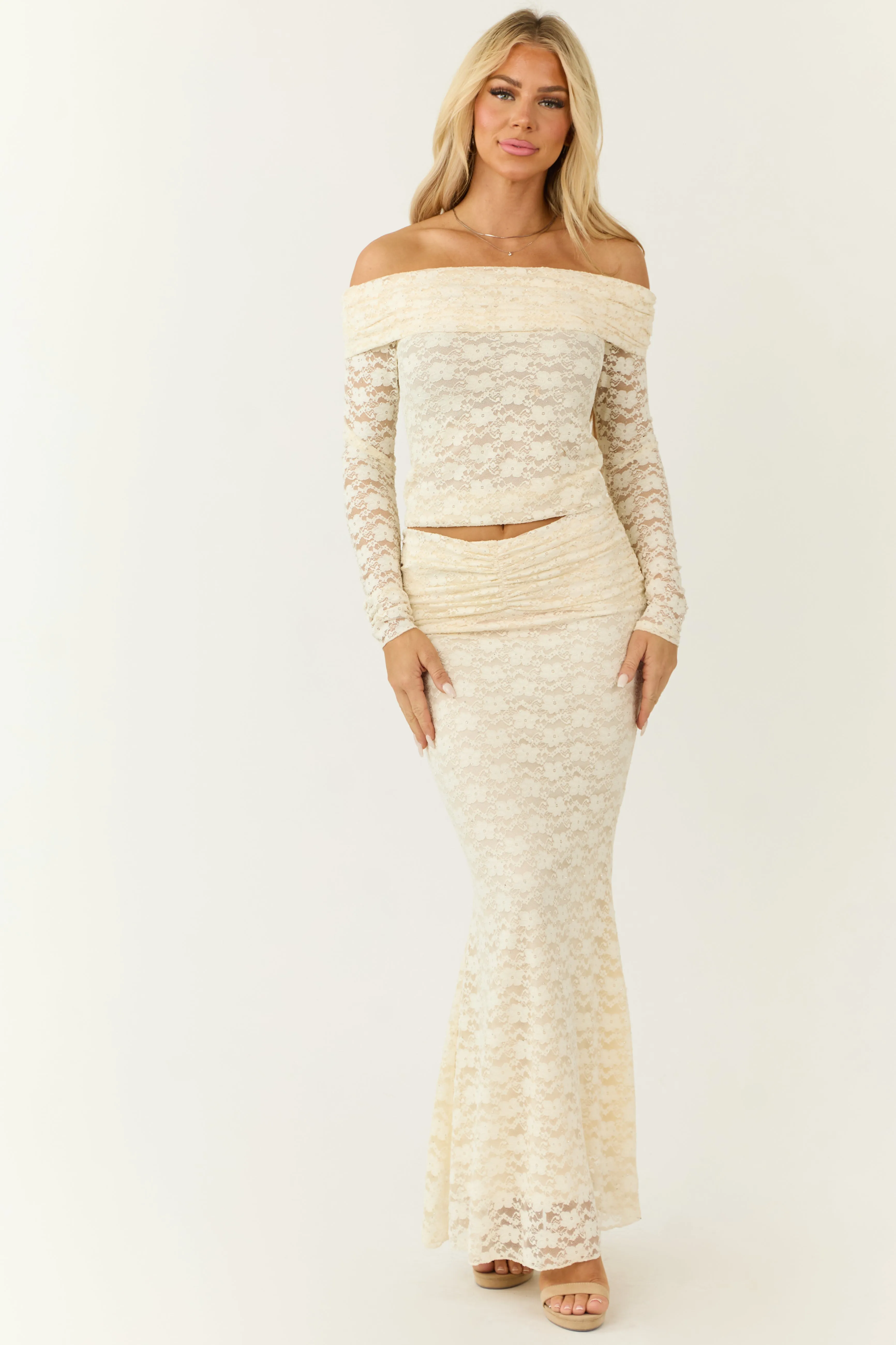 Cream Studded Floral Lace Off the Shoulder Top sold by Lime Lush product image thumbnail 3