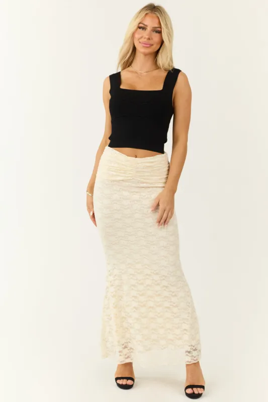 Cream Studded Floral Lace Ruched Maxi Skirt sold by Lime Lush