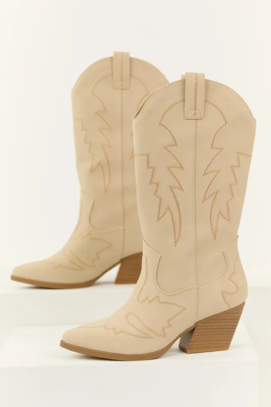 Almond Tall Western Stitching Heeled Boot sold by Lime Lush