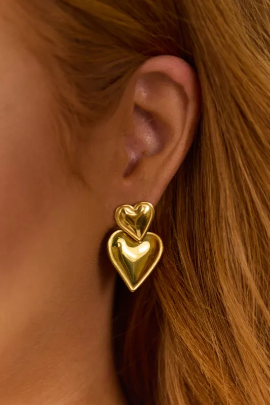 Gold Double Heart Drop Earrings sold by Lime Lush