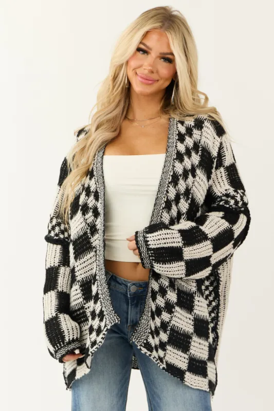 Cream and Black Checkered Open Front Cardigan sold by Lime Lush