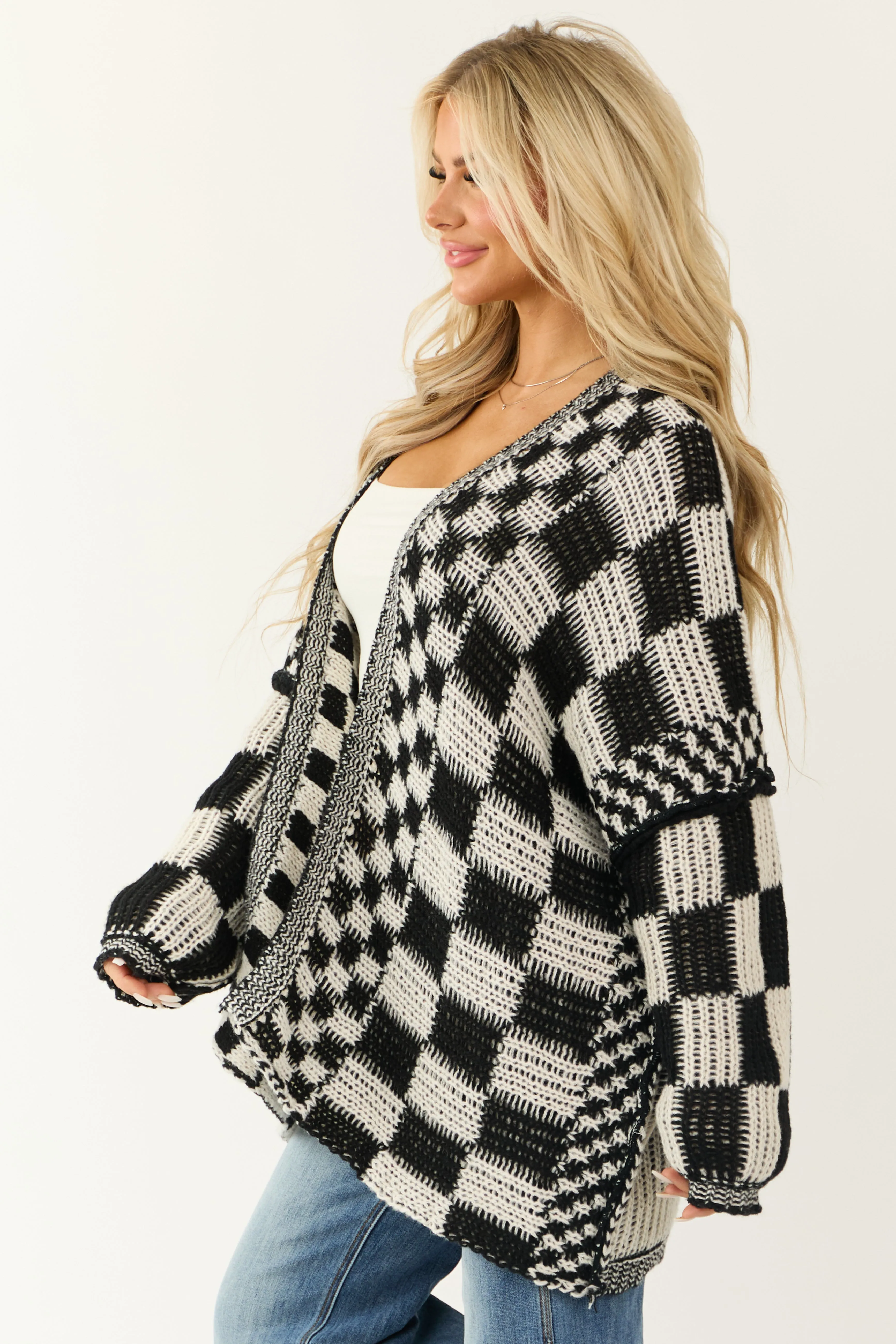 Cream and Black Checkered Open Front Cardigan sold by Lime Lush product image thumbnail 4