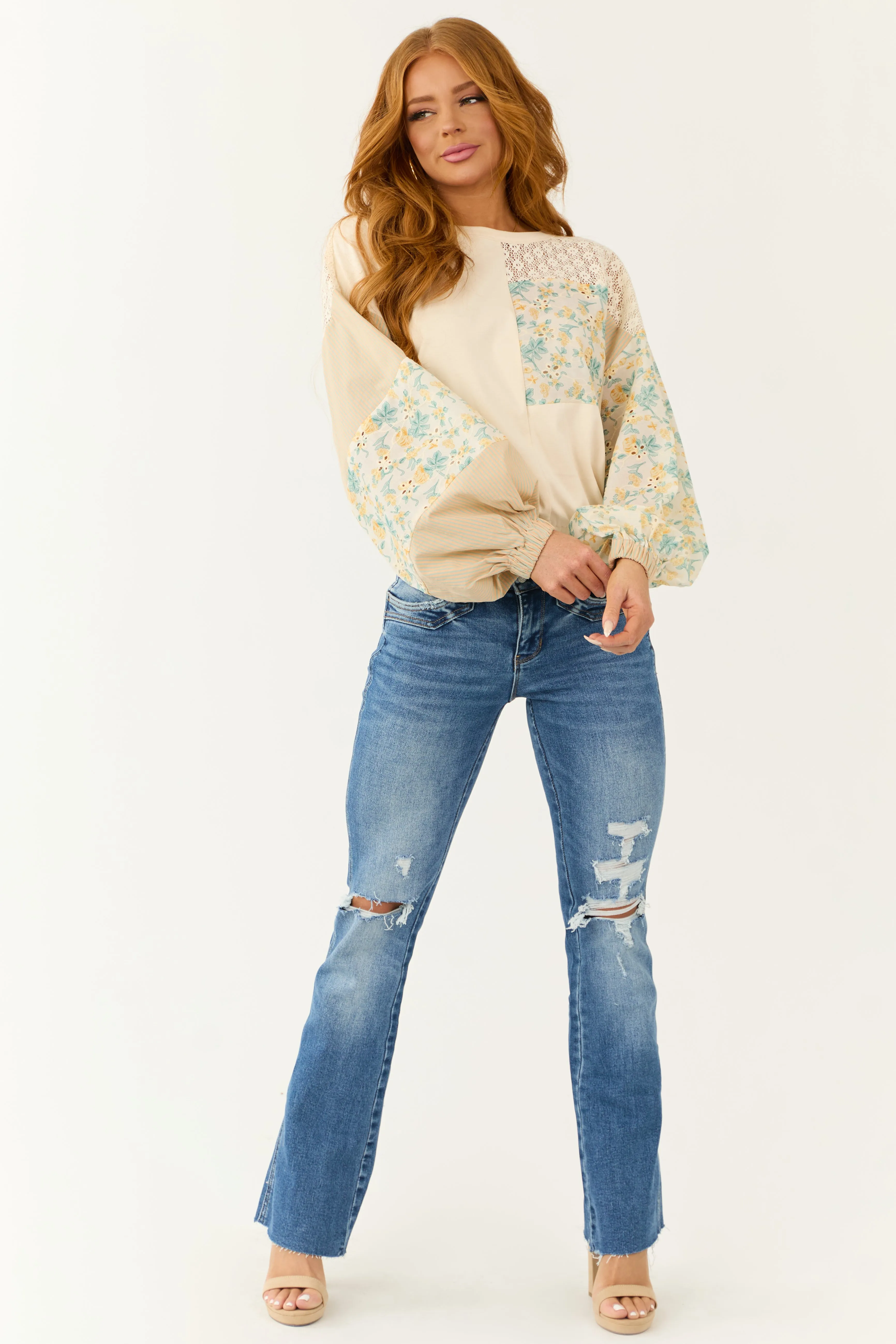 Champagne Mixed Patchwork Balloon Sleeve Top sold by Lime Lush product image thumbnail 2