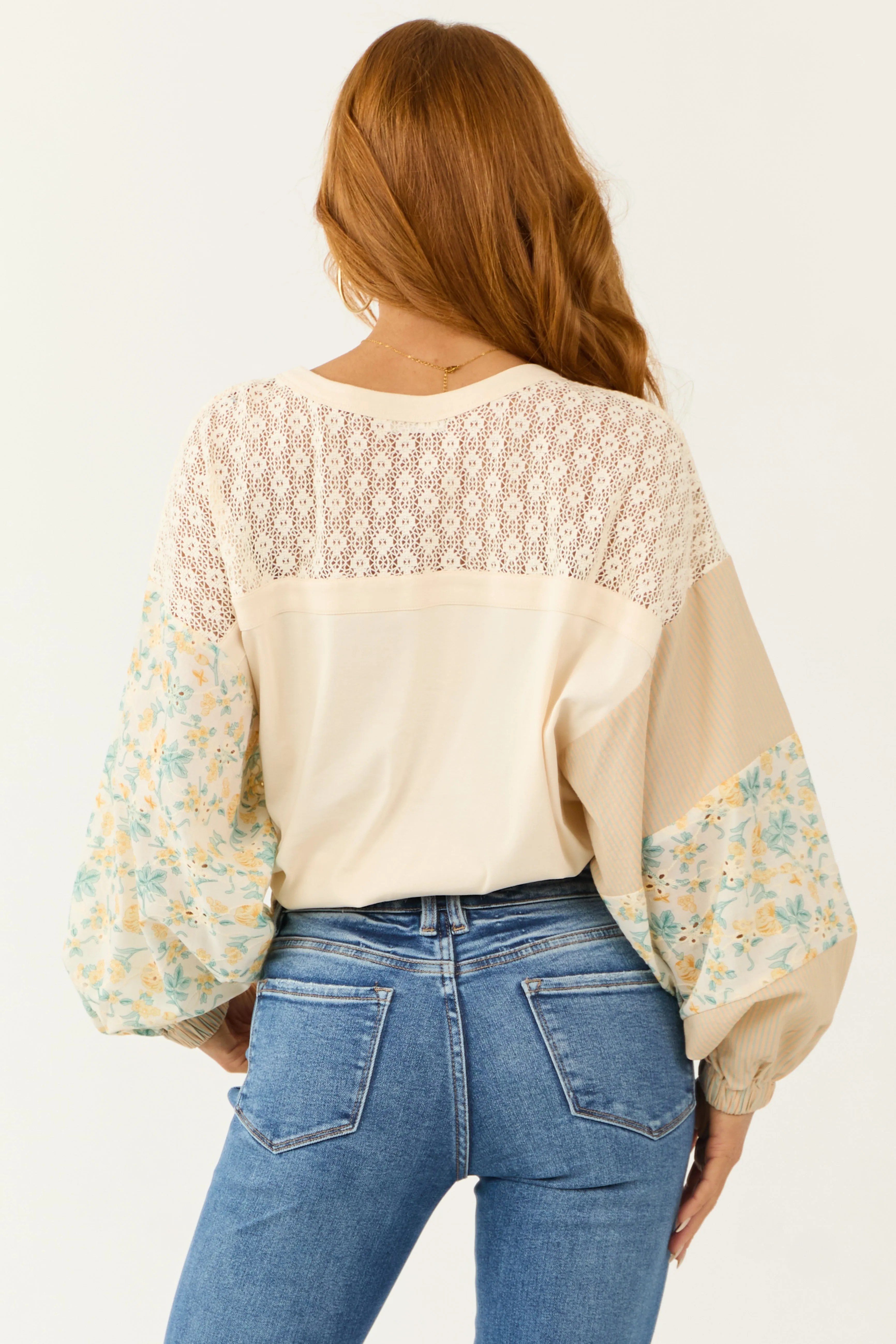 Champagne Mixed Patchwork Balloon Sleeve Top sold by Lime Lush product image thumbnail 5