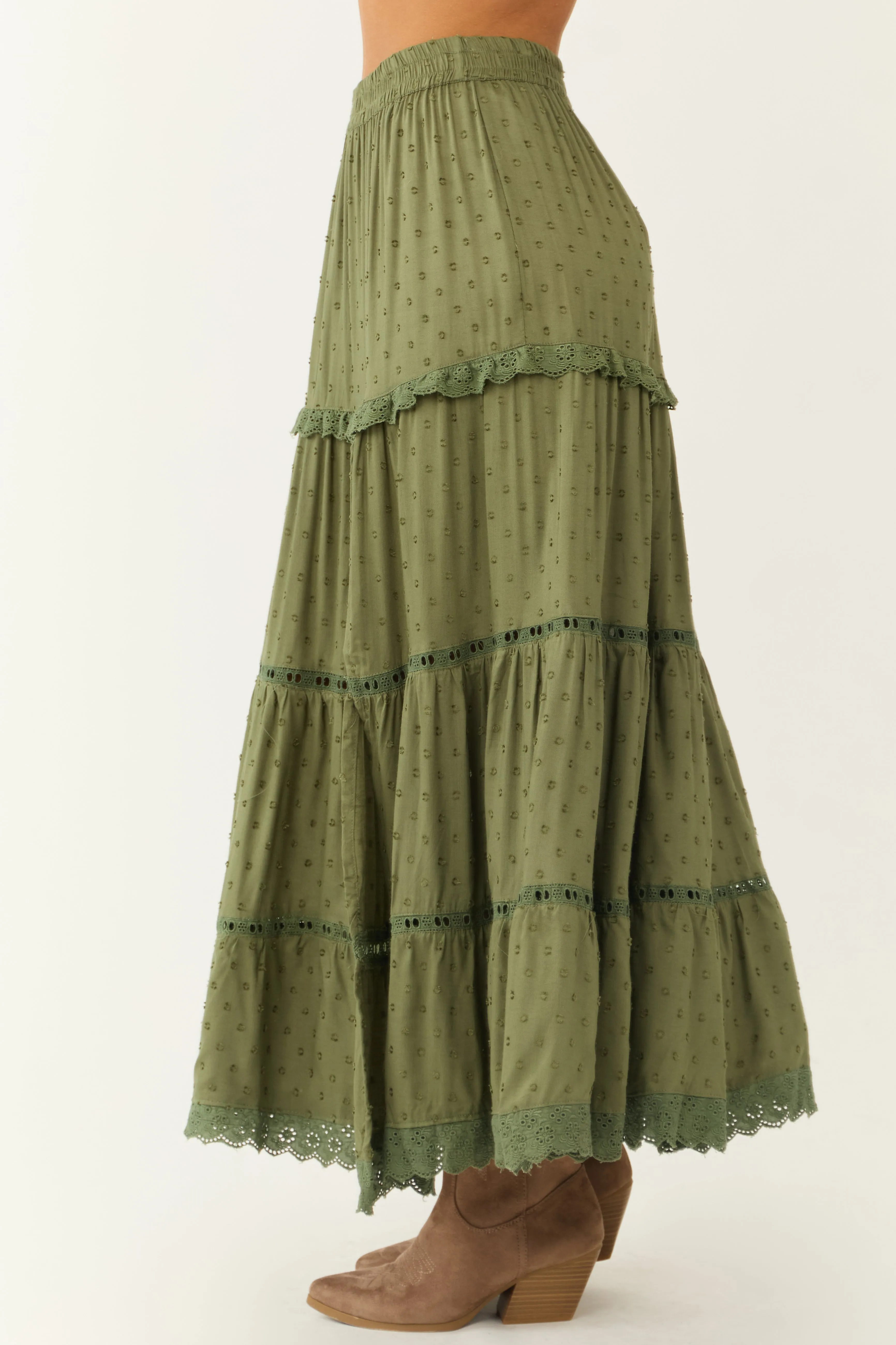 Olive Swiss Dot Front Slit Tiered Maxi Skirt sold by Lime Lush product image thumbnail 3