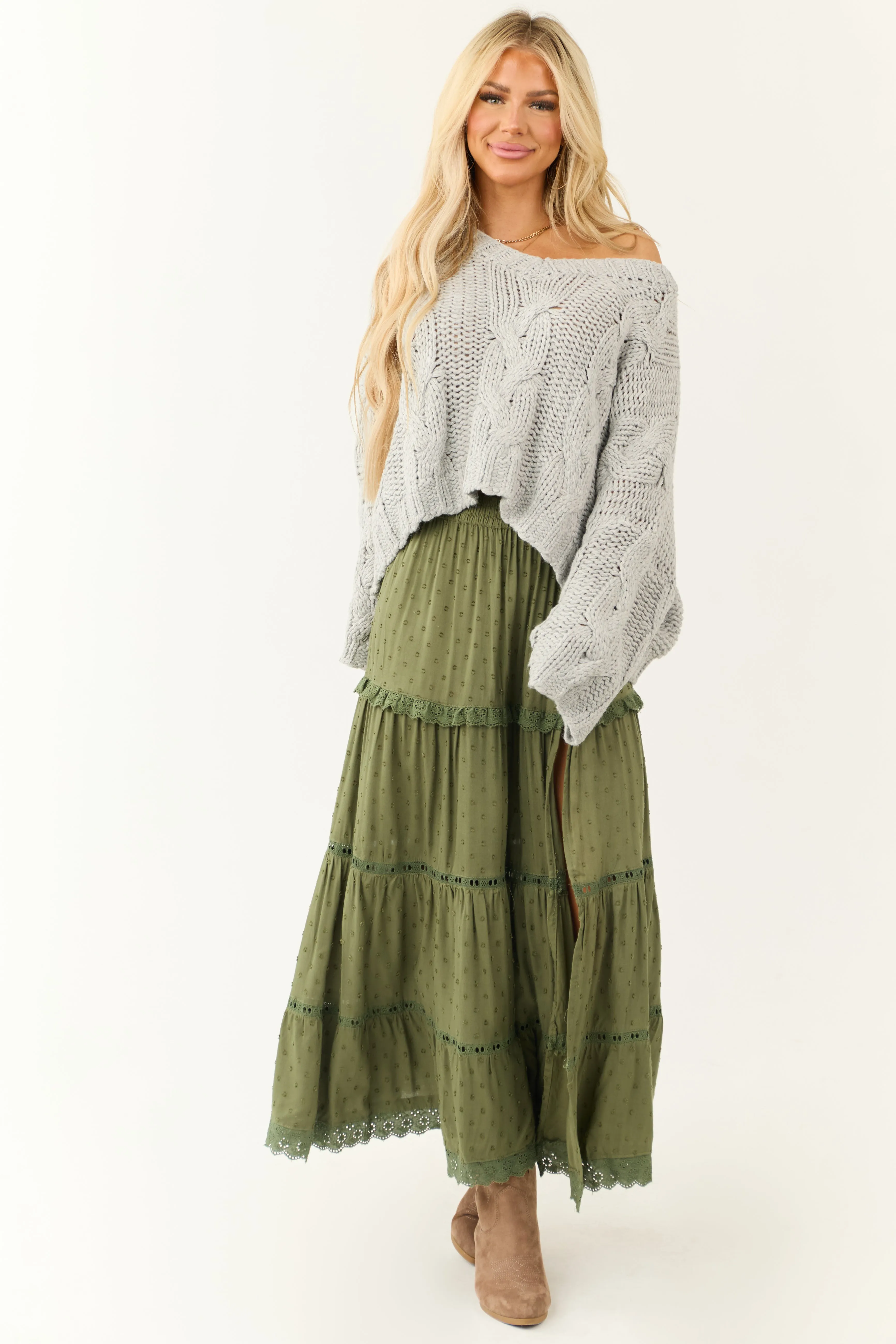 Olive Swiss Dot Front Slit Tiered Maxi Skirt sold by Lime Lush