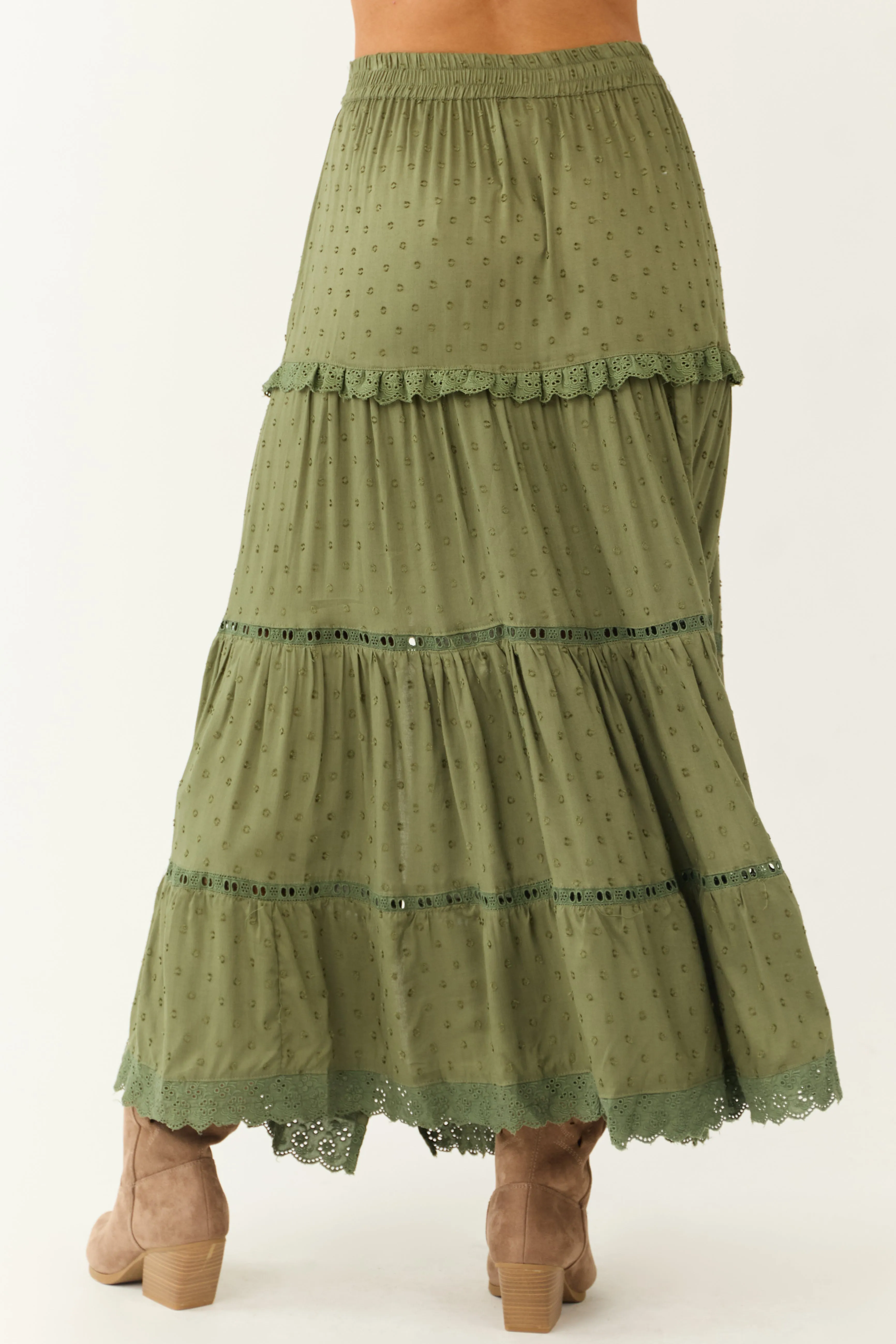 Olive Swiss Dot Front Slit Tiered Maxi Skirt sold by Lime Lush product image thumbnail 4