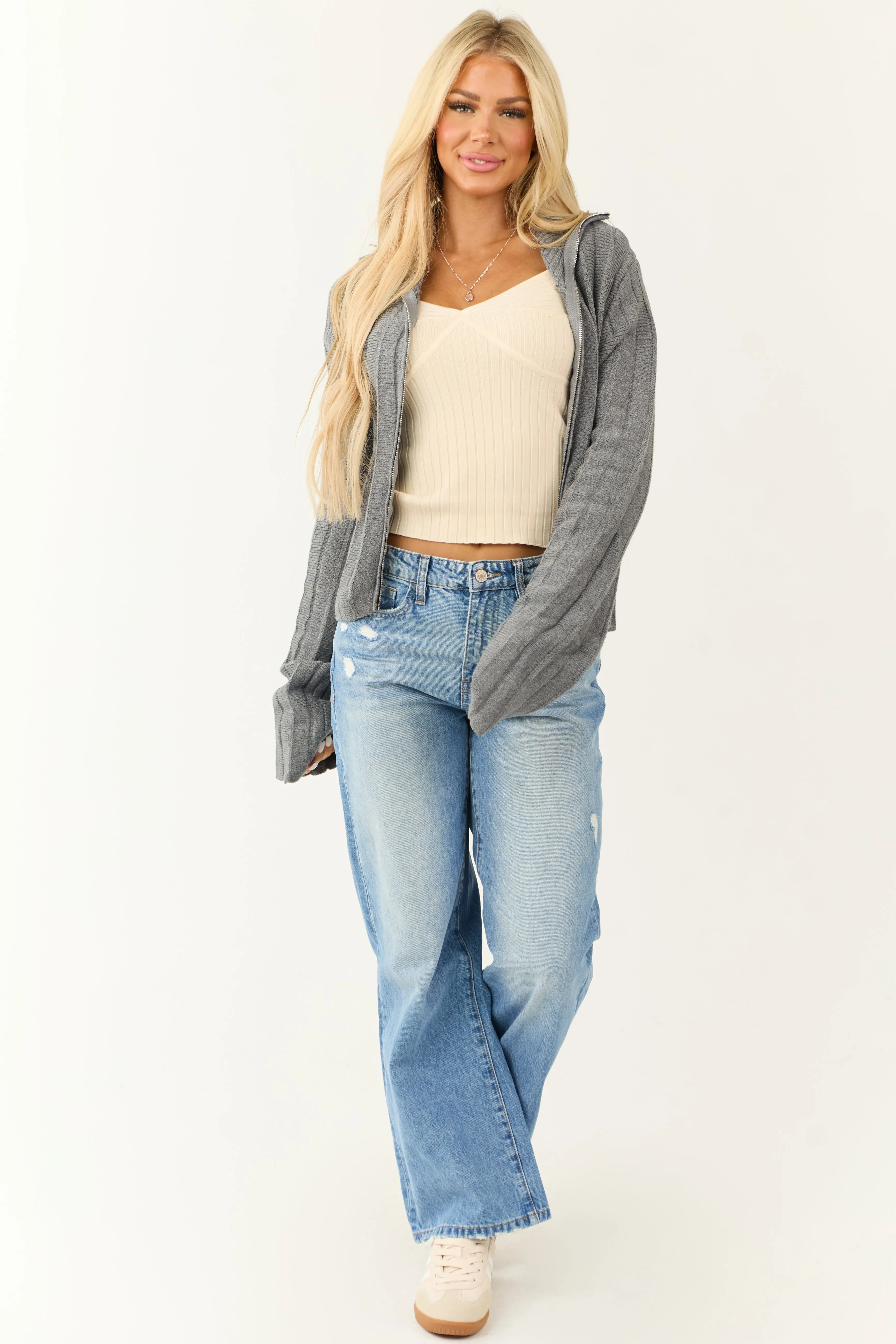 Steel Sweater Knit Zip Up Long Sleeve Jacket sold by Lime Lush product image thumbnail 3