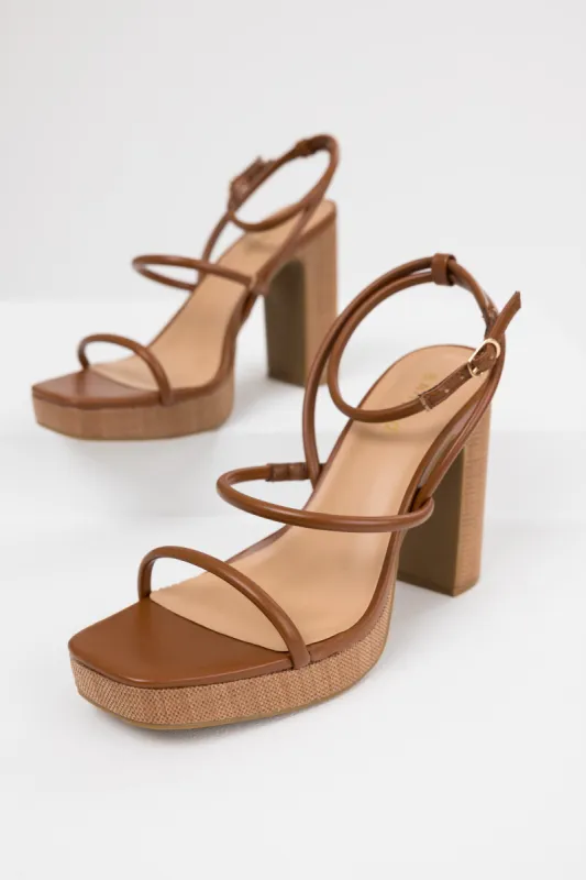 Cognac Jute Platform Thin Strap High Heels sold by Lime Lush