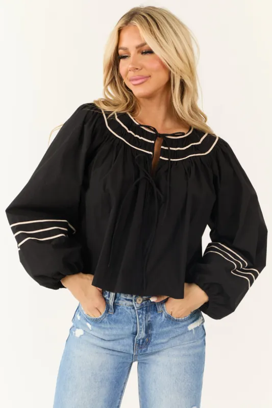 Black Front Double Tie Puff Long Sleeve Top made by Lalavon