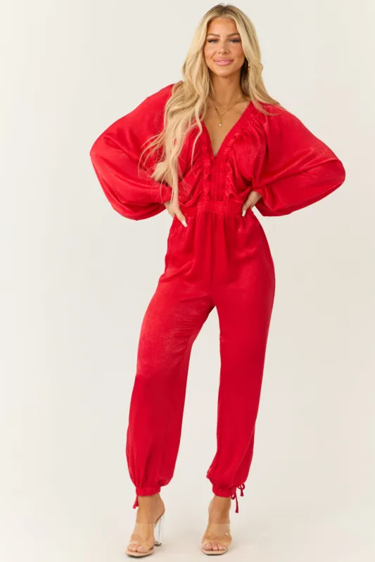 Ruby Textured Satin Deep V Neck Jumpsuit sold by Lime Lush