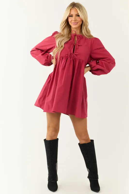Dusty Crimson Poplin Long Sleeve Short Dress sold by Lime Lush