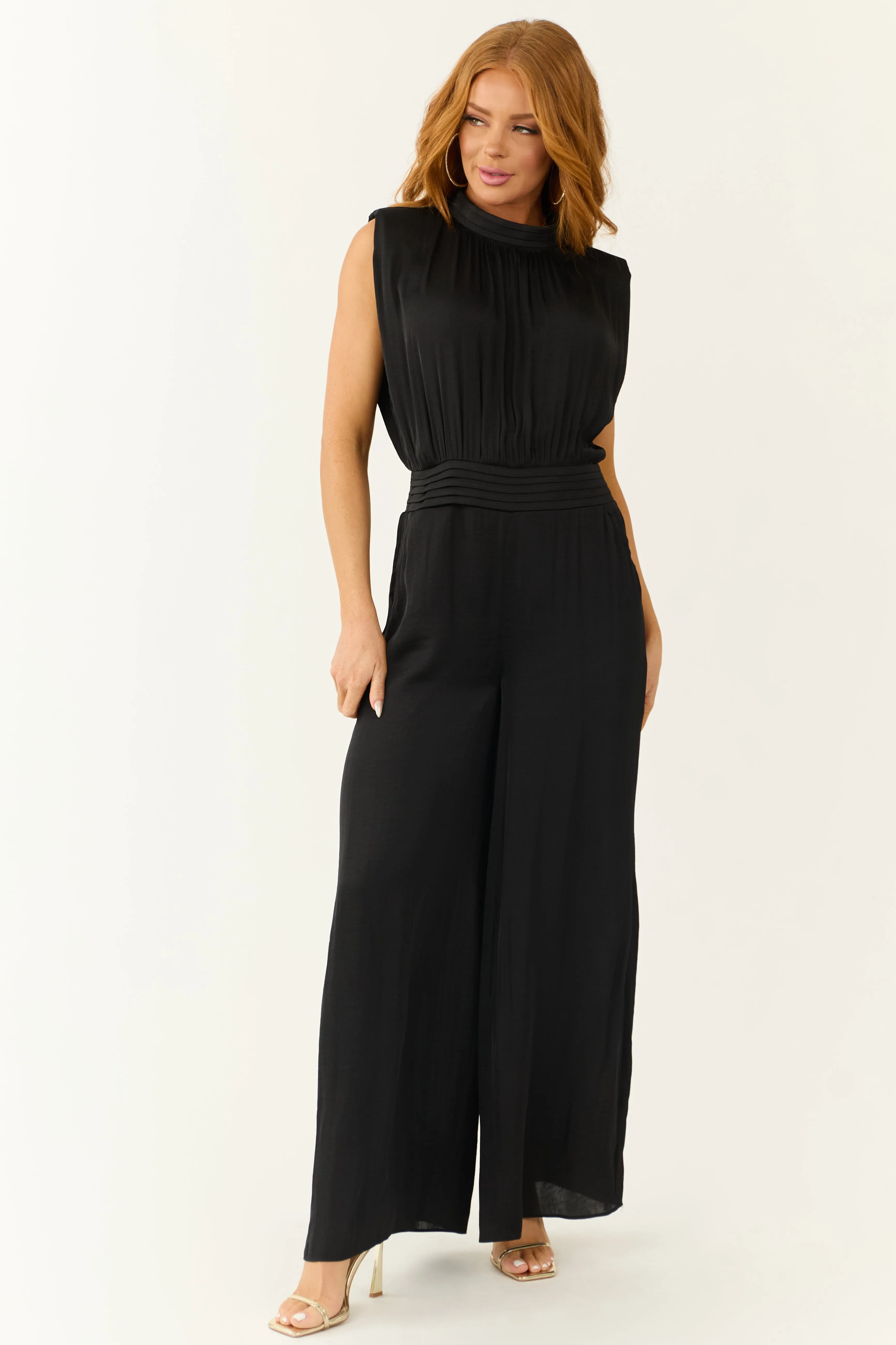 Black Sleeveless Wide Leg Silky Jumpsuit sold by Lime Lush product image thumbnail 3