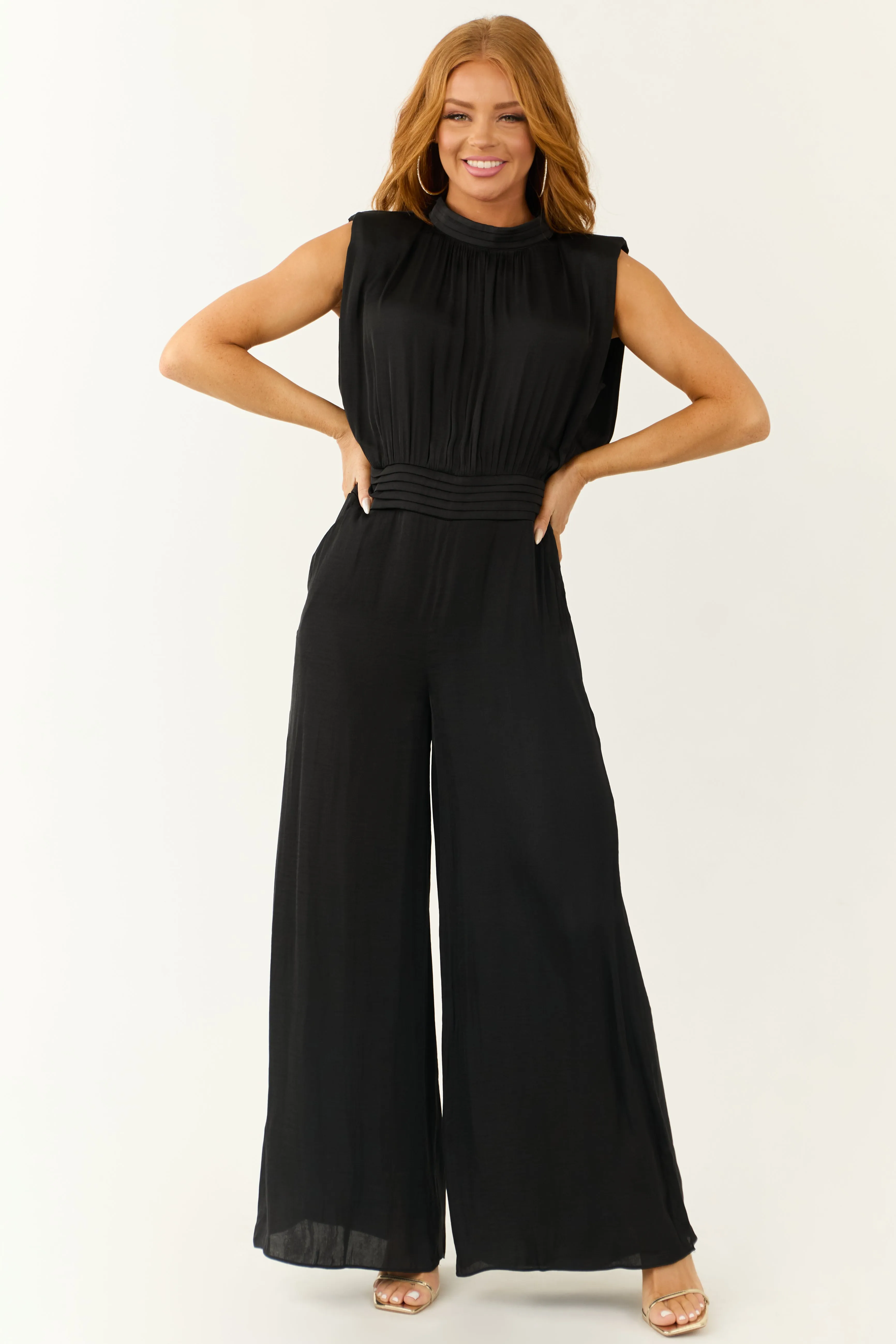 Black Sleeveless Wide Leg Silky Jumpsuit sold by Lime Lush product image thumbnail 2