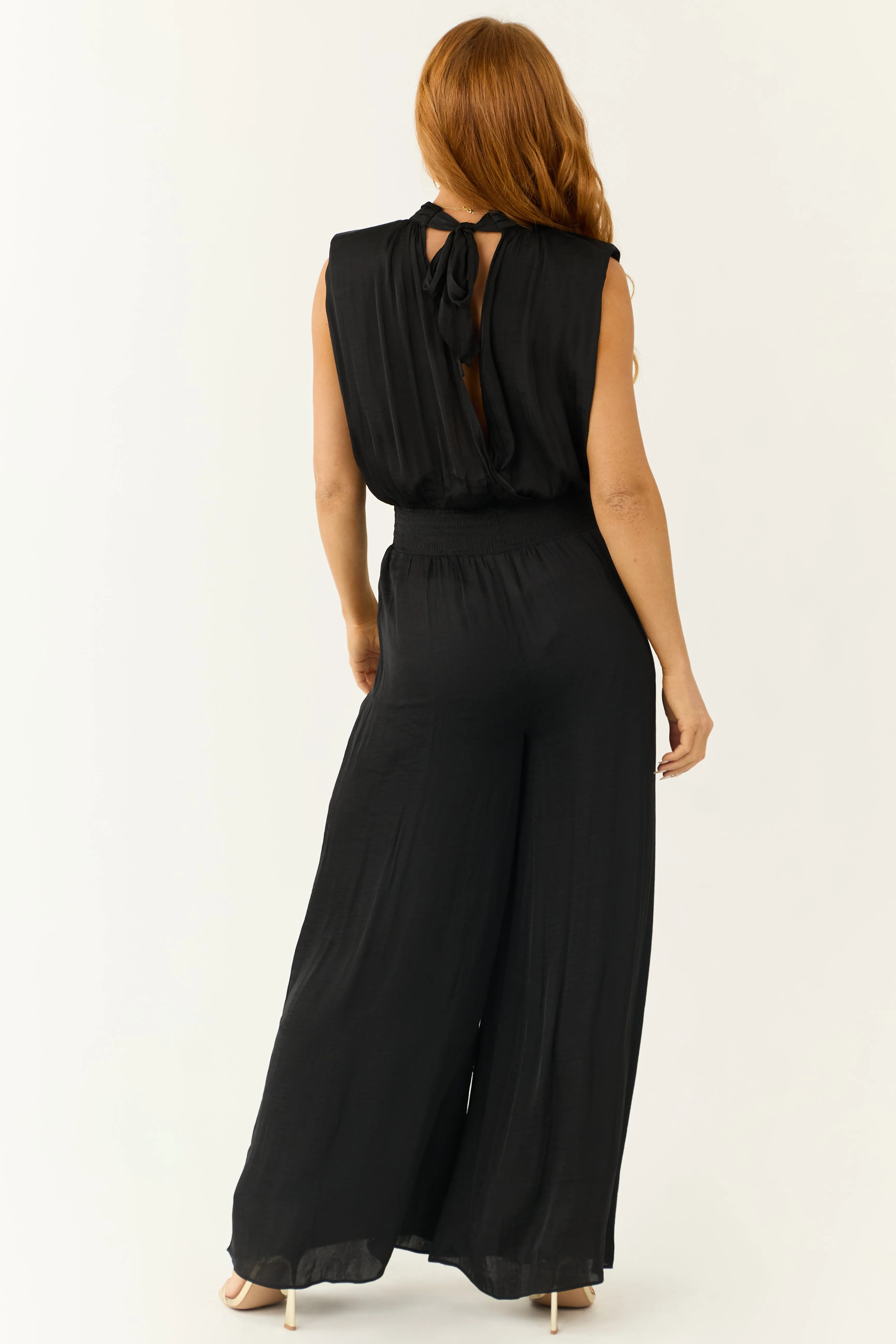 Black Sleeveless Wide Leg Silky Jumpsuit sold by Lime Lush product image thumbnail 5
