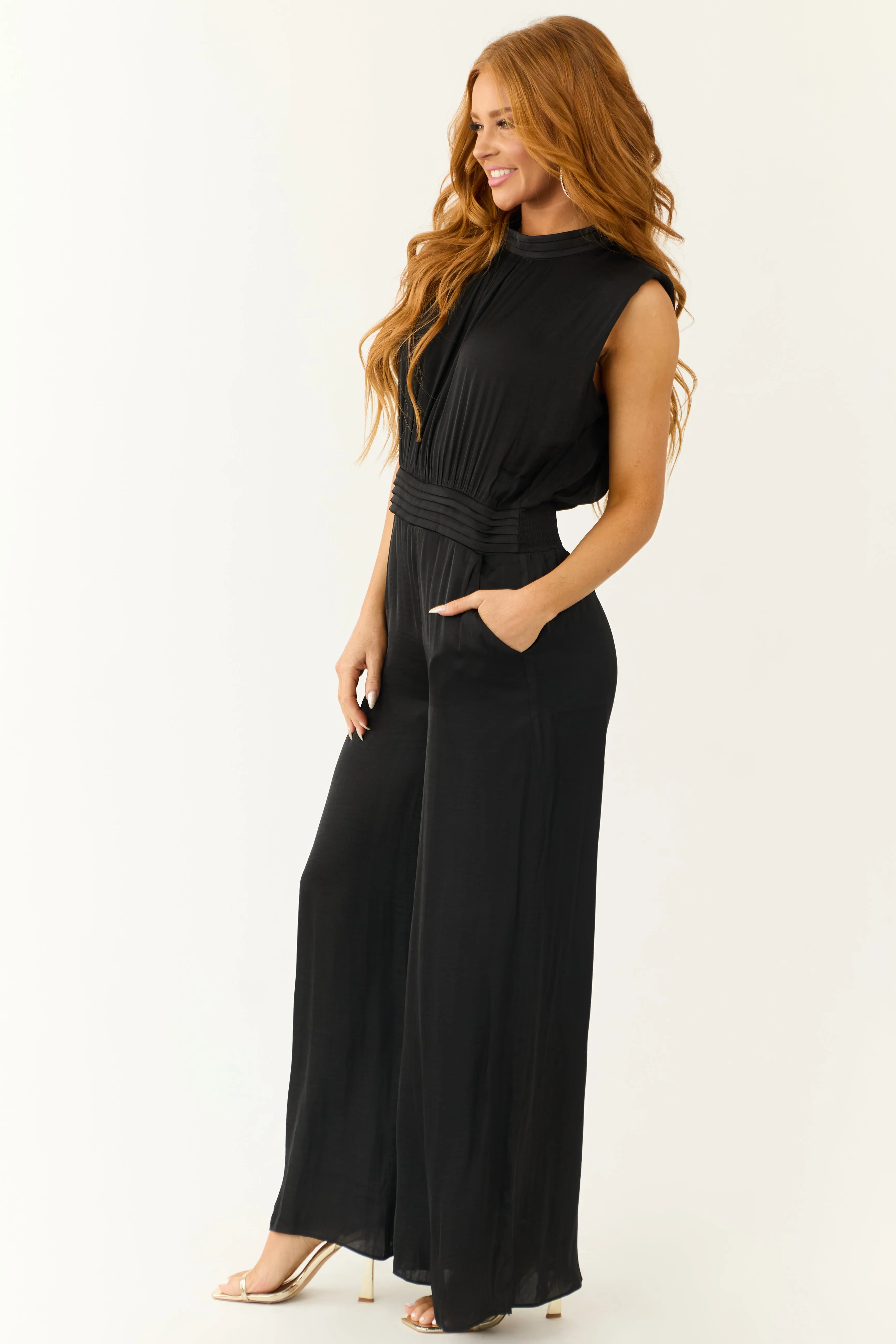 Black Sleeveless Wide Leg Silky Jumpsuit sold by Lime Lush product image thumbnail 4