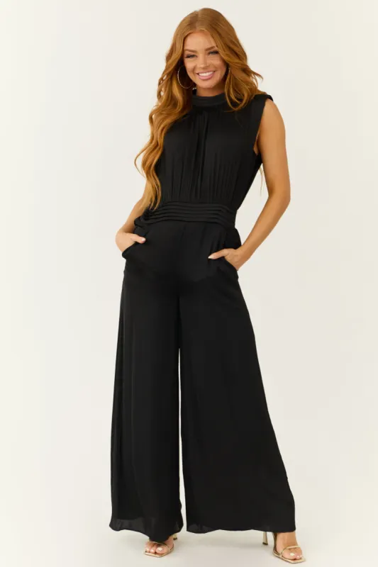 Black Sleeveless Wide Leg Silky Jumpsuit sold by Lime Lush