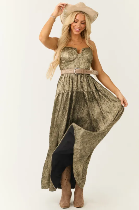 Gold Textured Metallic Corset Sleeveless Maxi Dress sold by Lime Lush