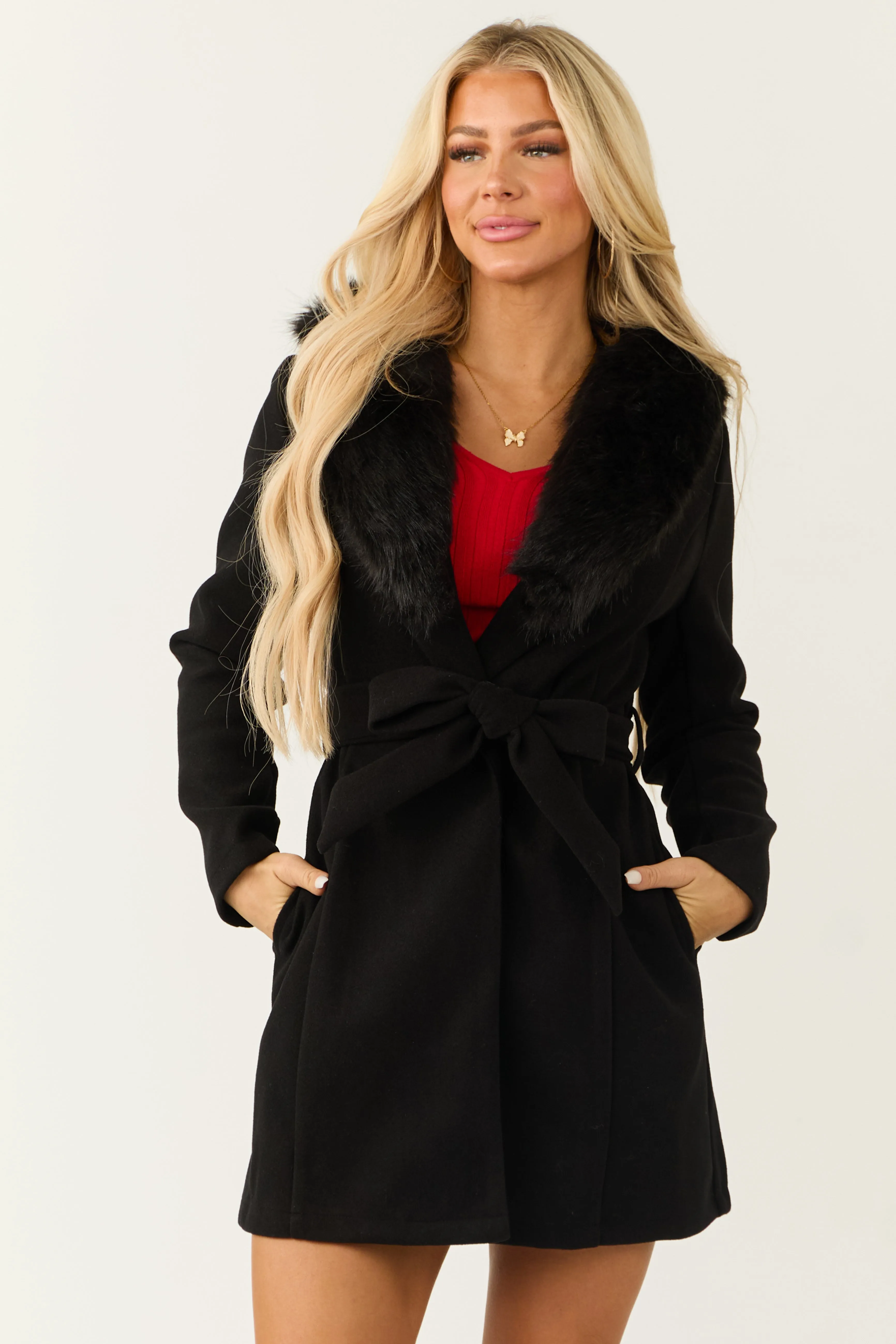 Black Faux Fur Collared Belted Long Sleeve Coat sold by Lime Lush