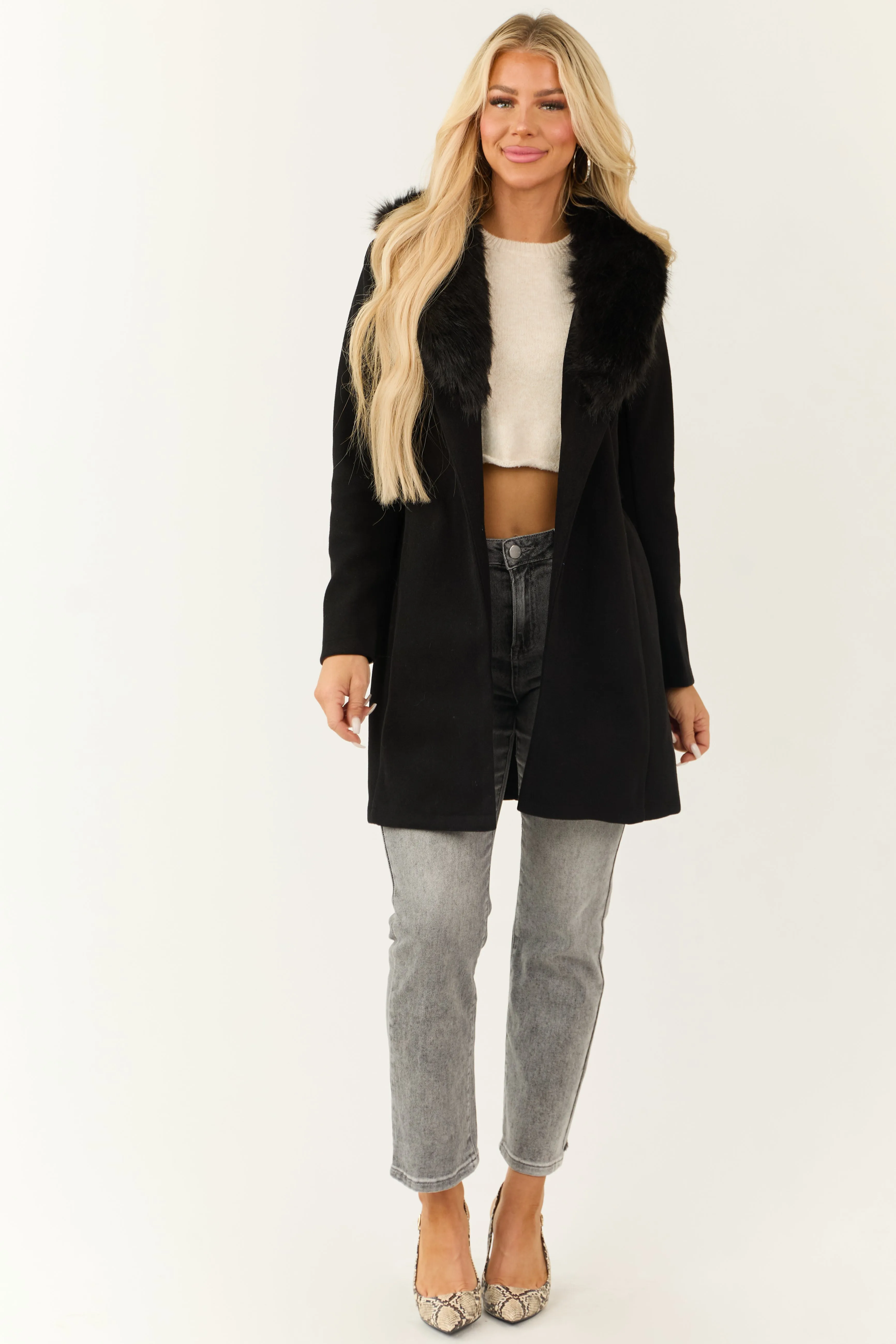 Black Faux Fur Collared Belted Long Sleeve Coat sold by Lime Lush product image thumbnail 4